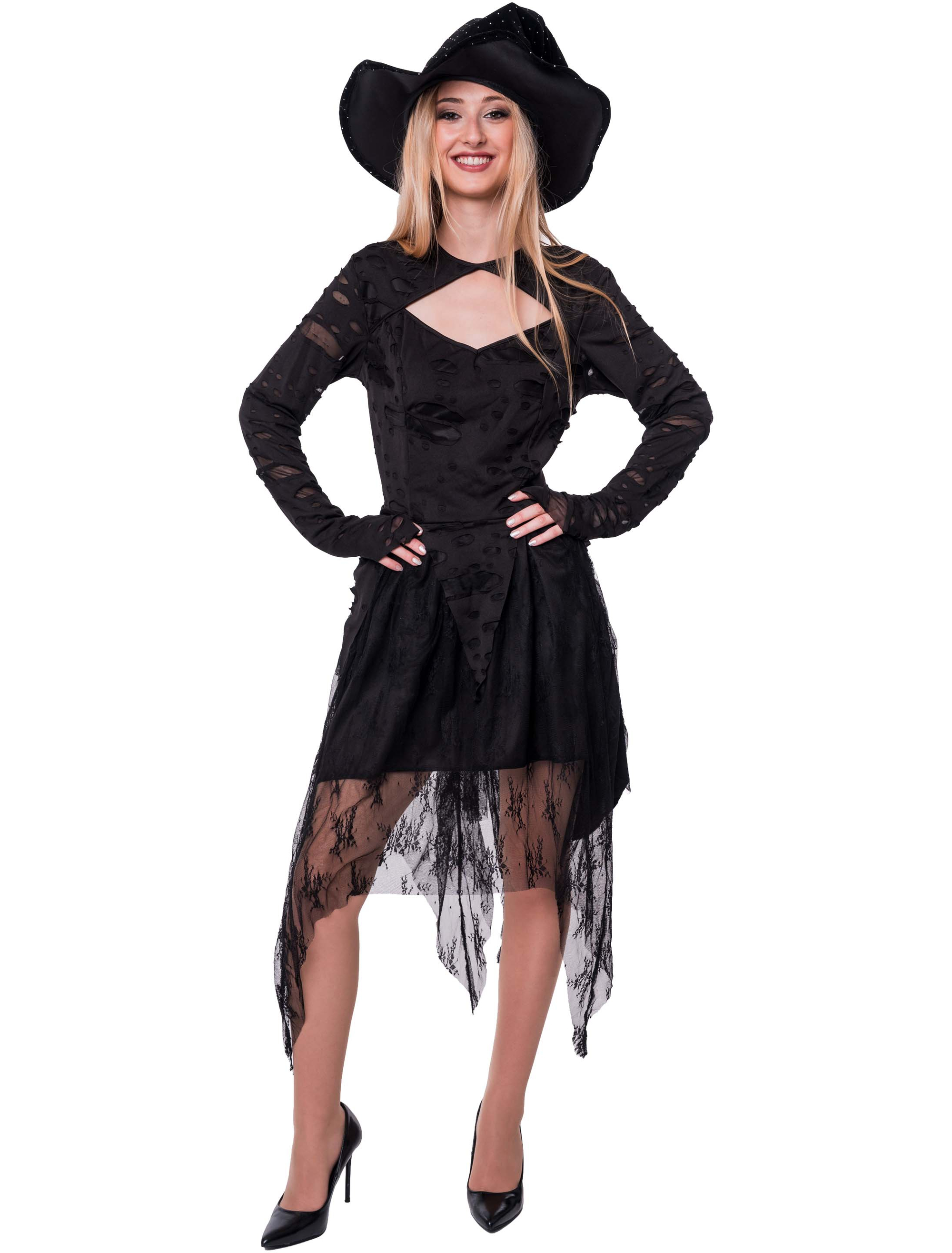 Kleid Hexe mit Spitze Damen schwarz S