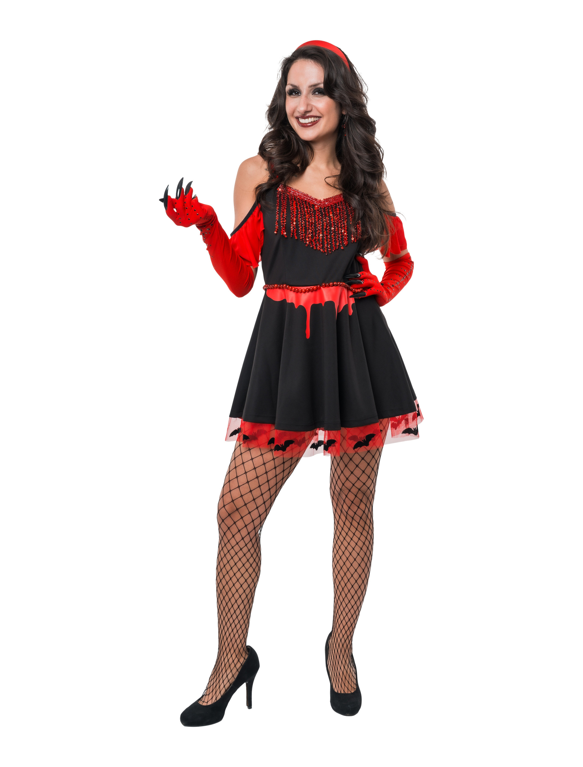 Kleid Vampirin mit Perlengürtel Damen schwarz/rot S/M