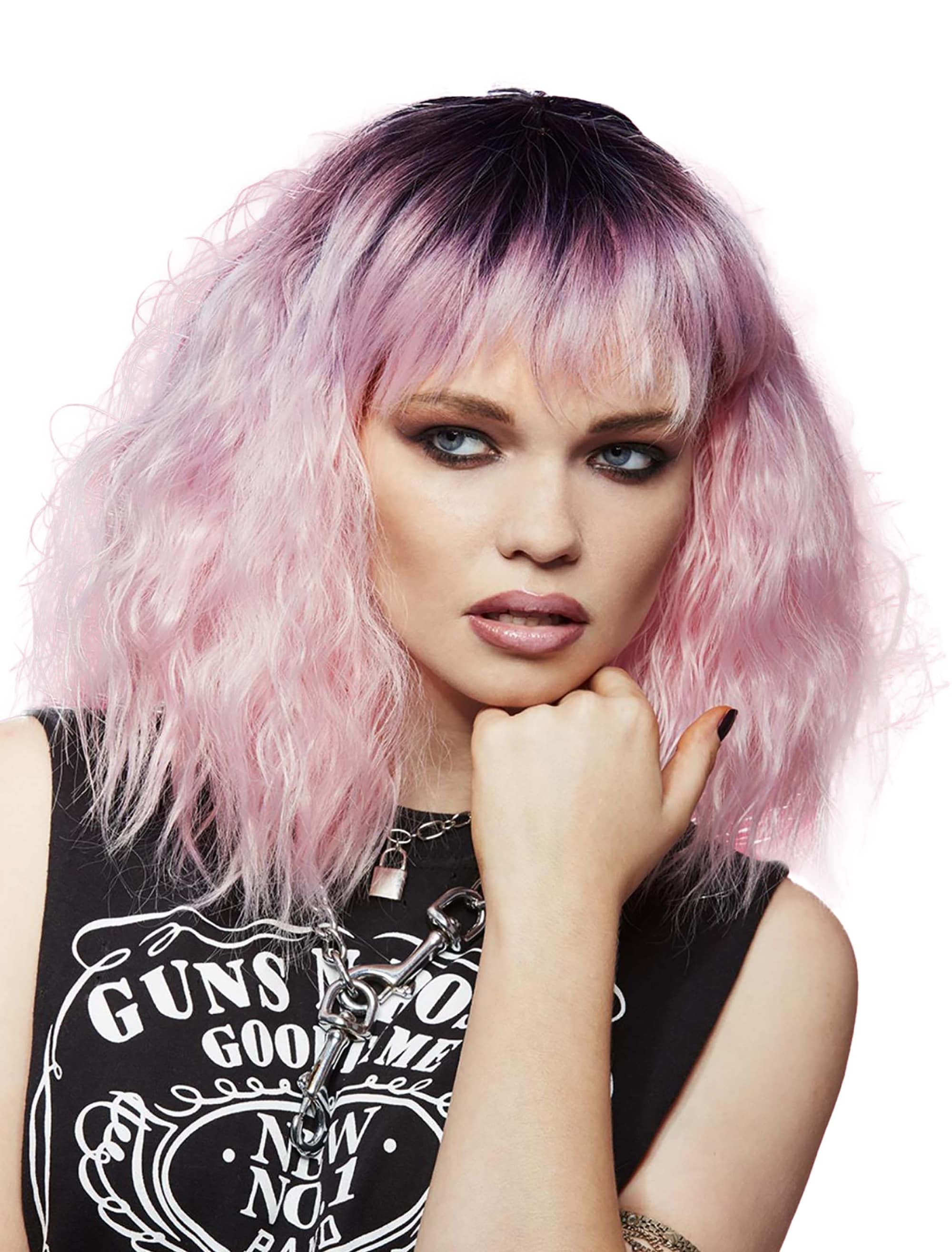 Perücke mittellang wellig mit Pony rosa