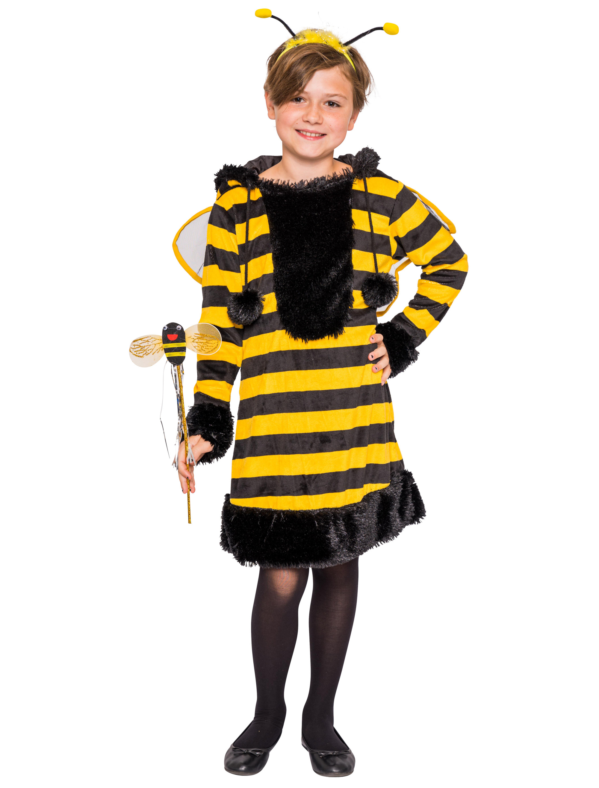 Kleid Plüsch Biene mit Kapuze Kinder schwarz/gelb 128