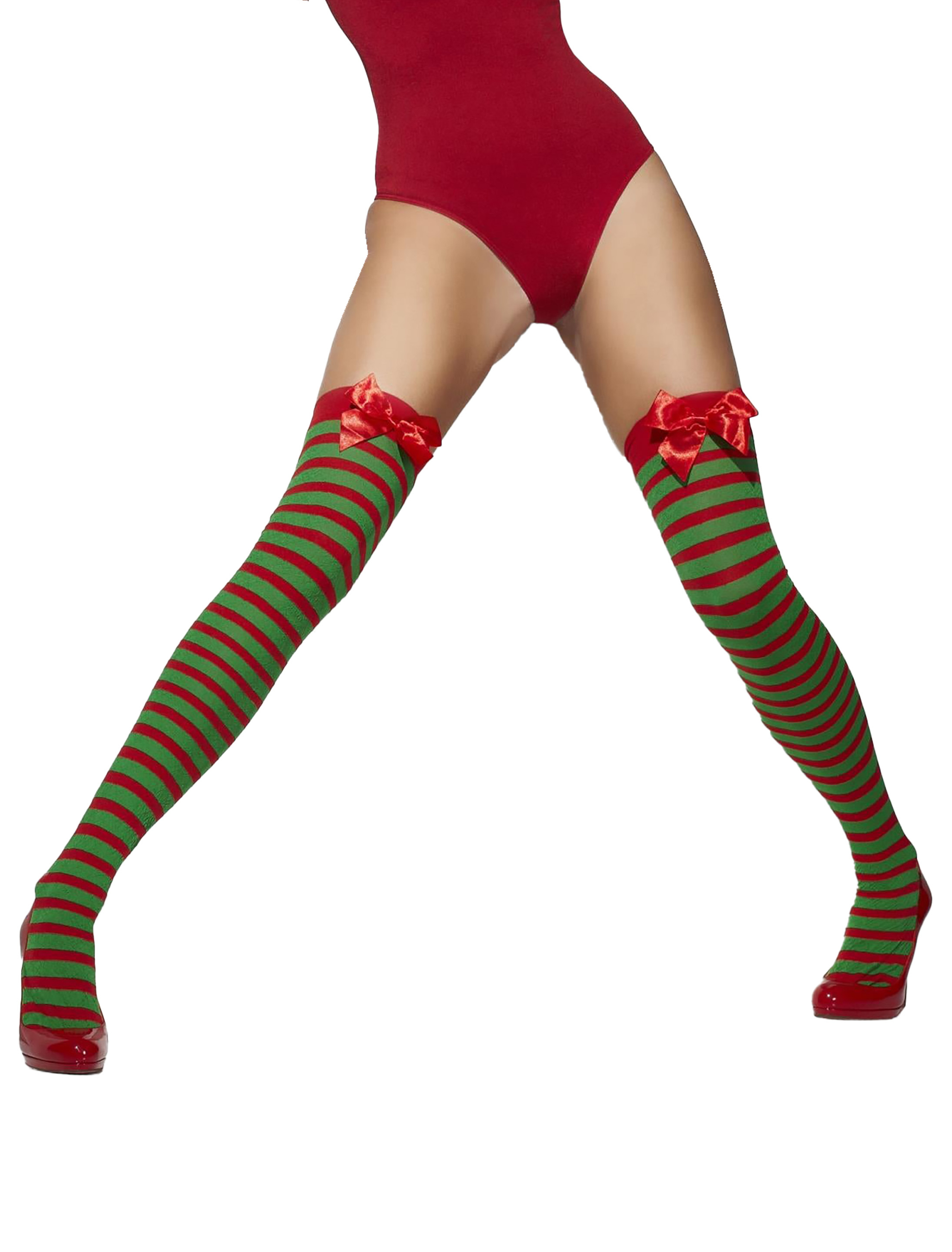 Overknees mit Schleife Gestreift rot/grün one size
