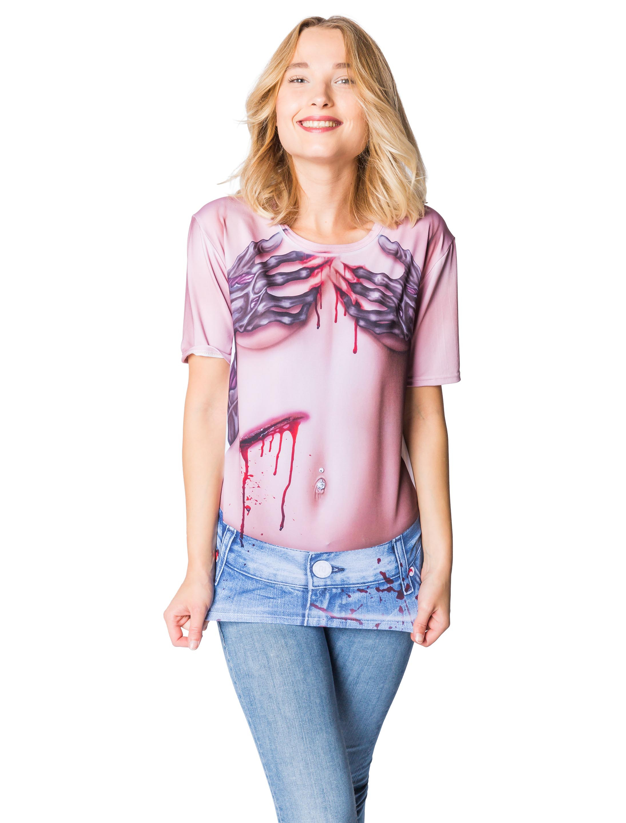 T-Shirt mit Druck blutiges Alien Damen rot/weiß 40