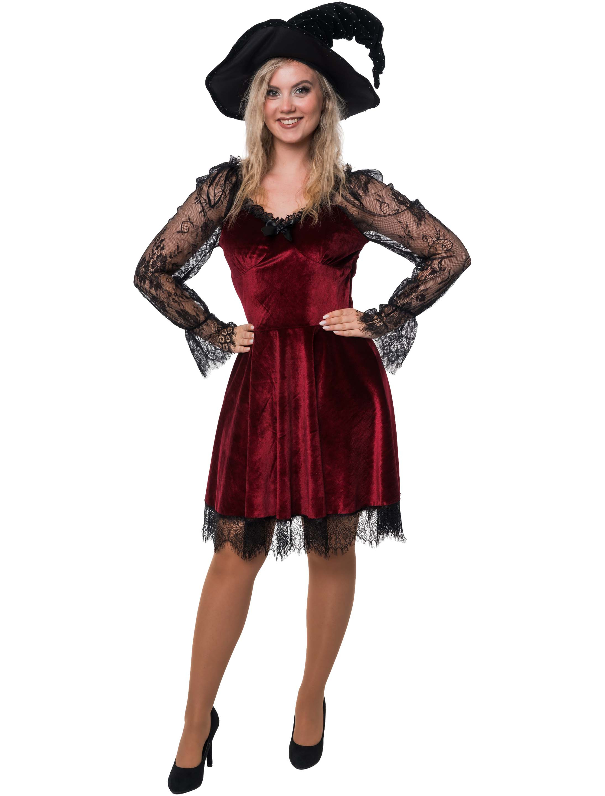 Samtkleid mit Schleife und Spitzenärmel Damen rot/schwarz 2XL/3XL