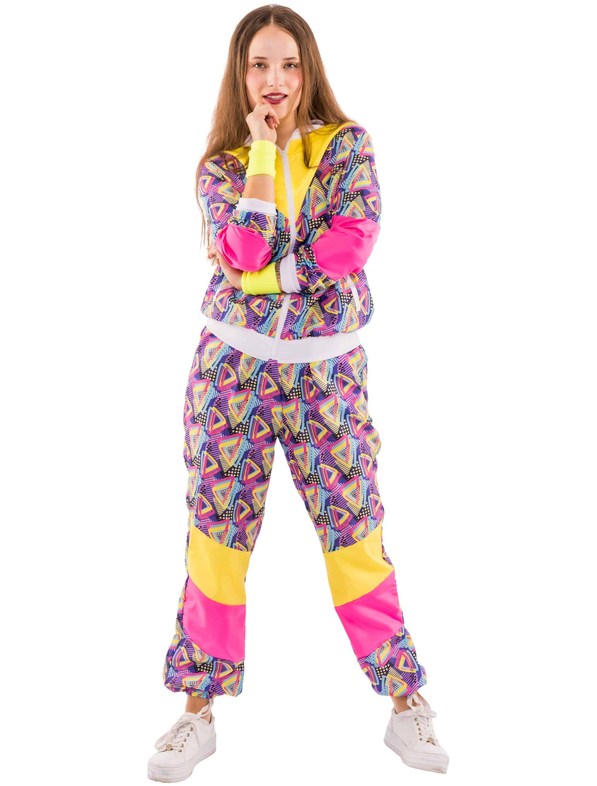Jogging Anzug 90er Dreiecke 2 tlg. Print pink/gelb S