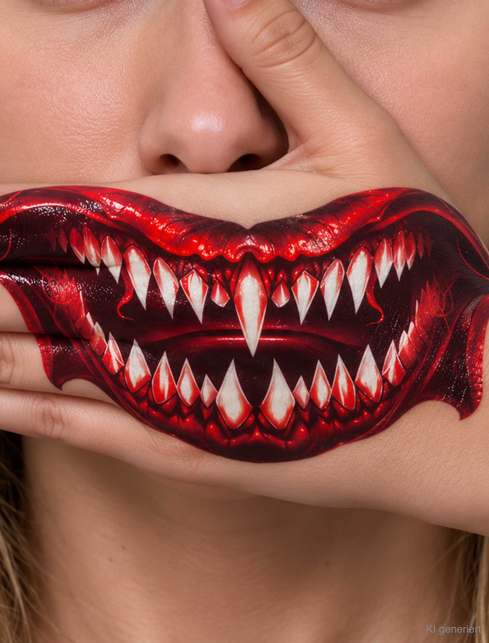 Mund-Tattoo für die Hand spitze Zähne rot