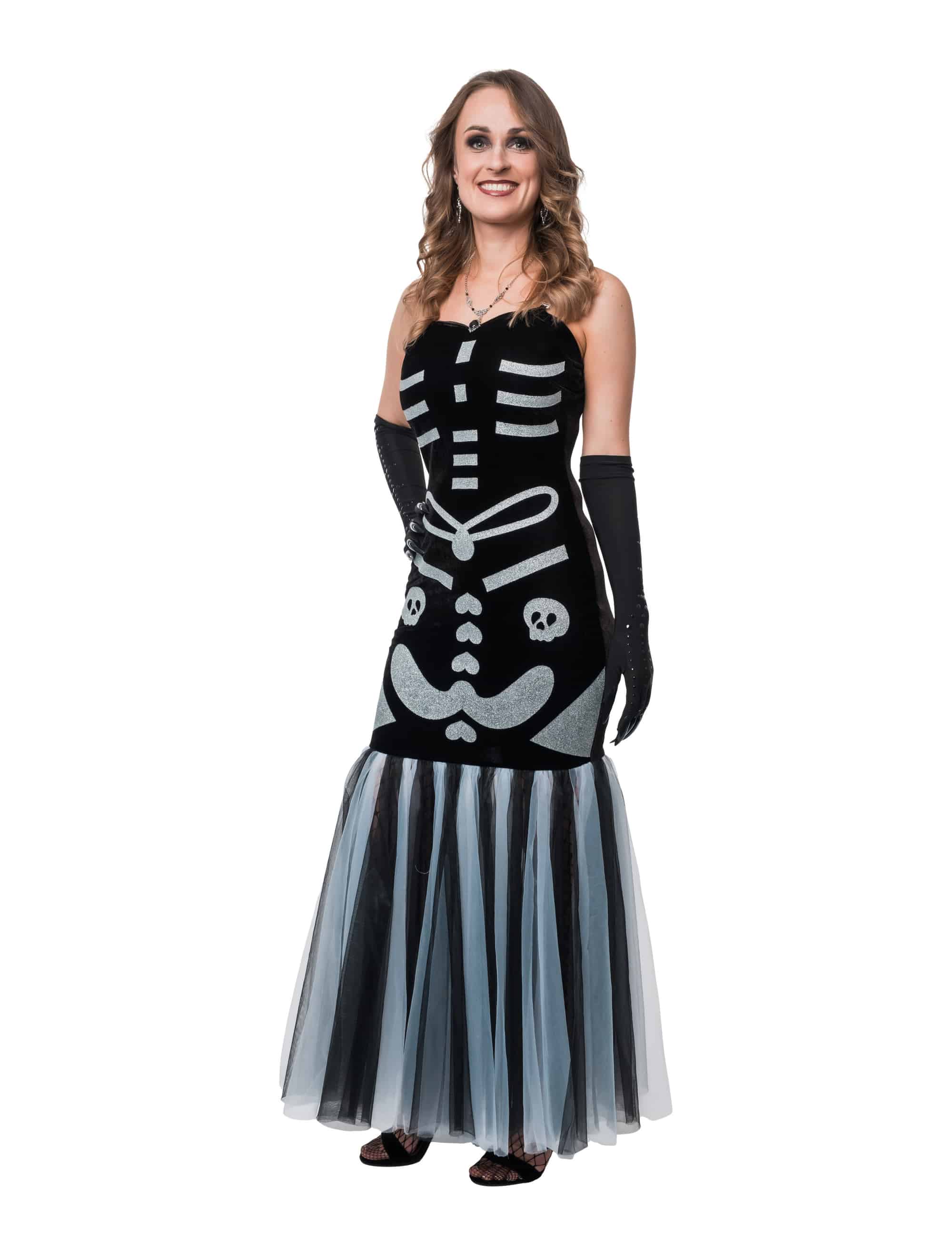 Kleid mit Skelett-Print Damen schwarz/silber S/M