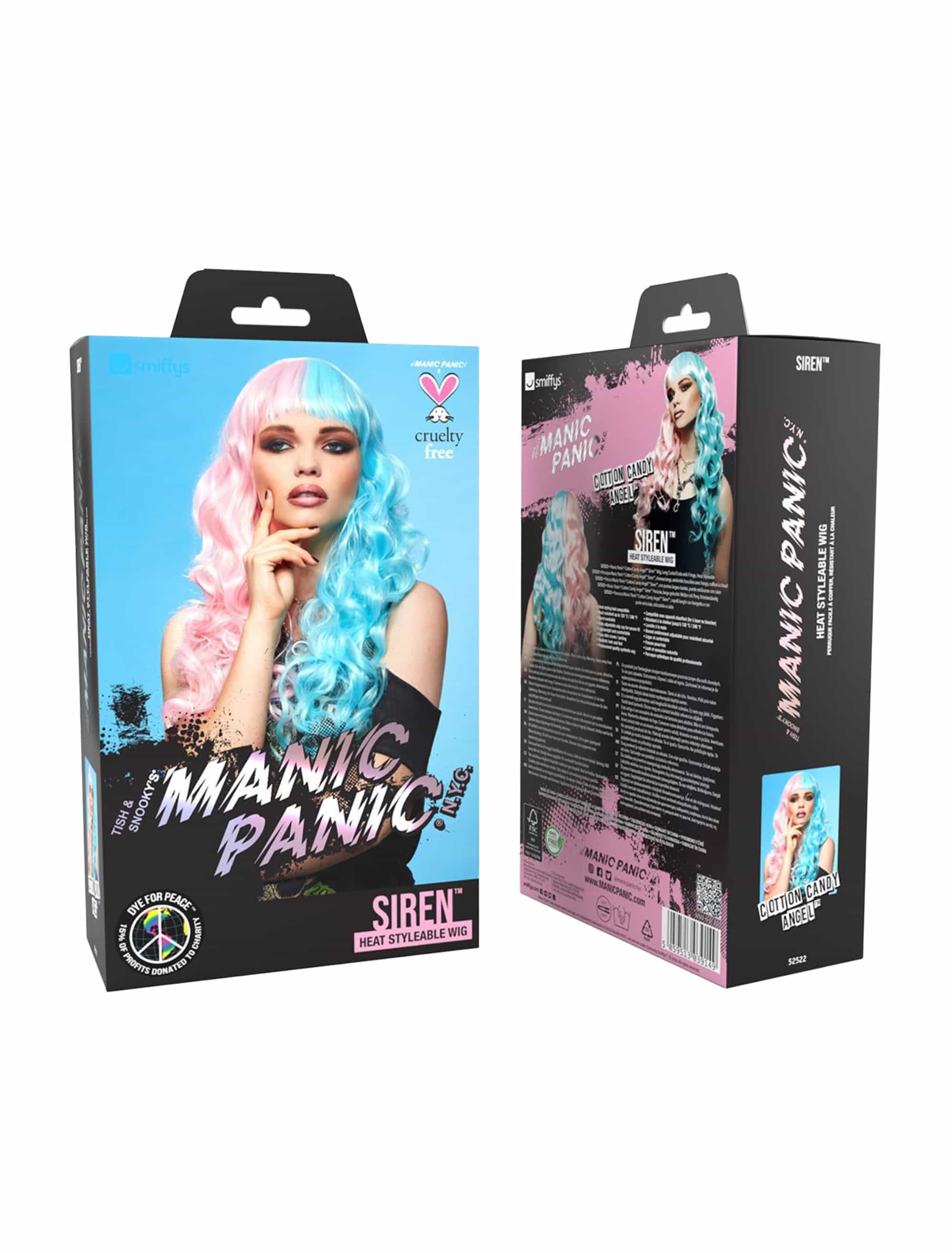 Perücke Langhaar wellig mit Pony türkis/pink