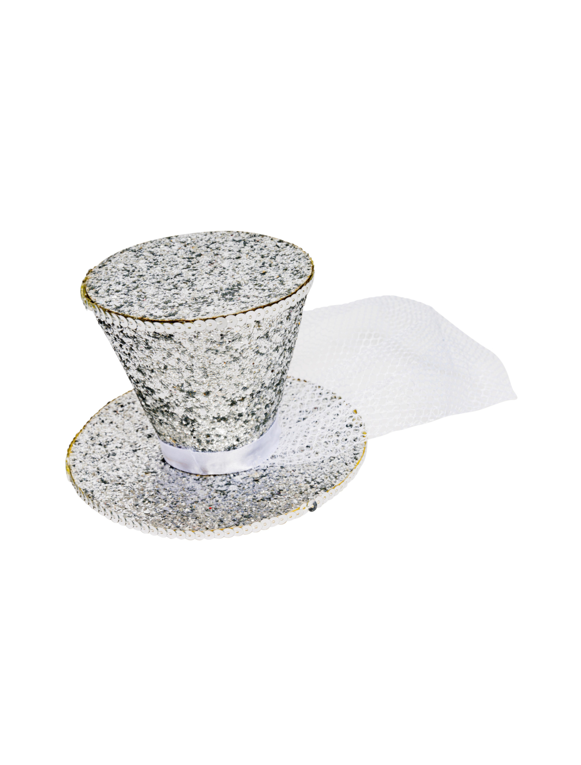 Mini Zylinder mit Tüll glitzernd silber
