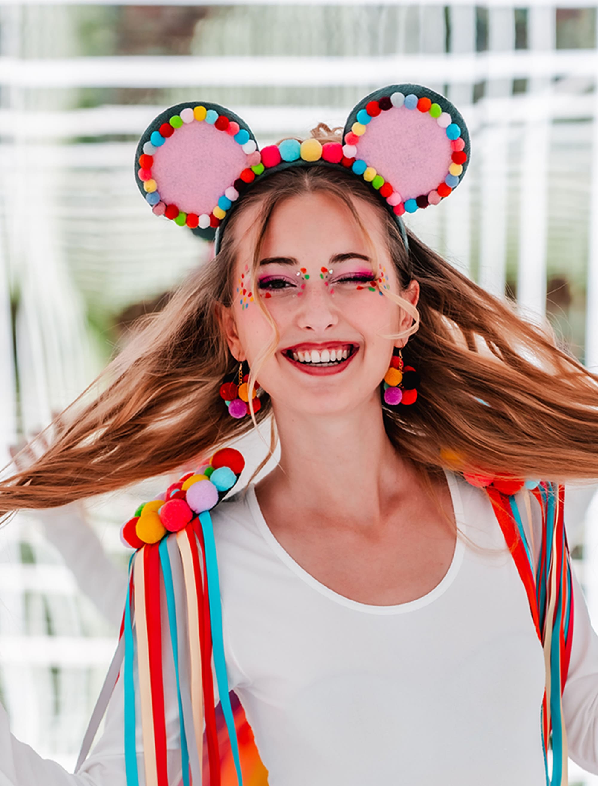Haarreif Mausohren mit Pompoms bunt