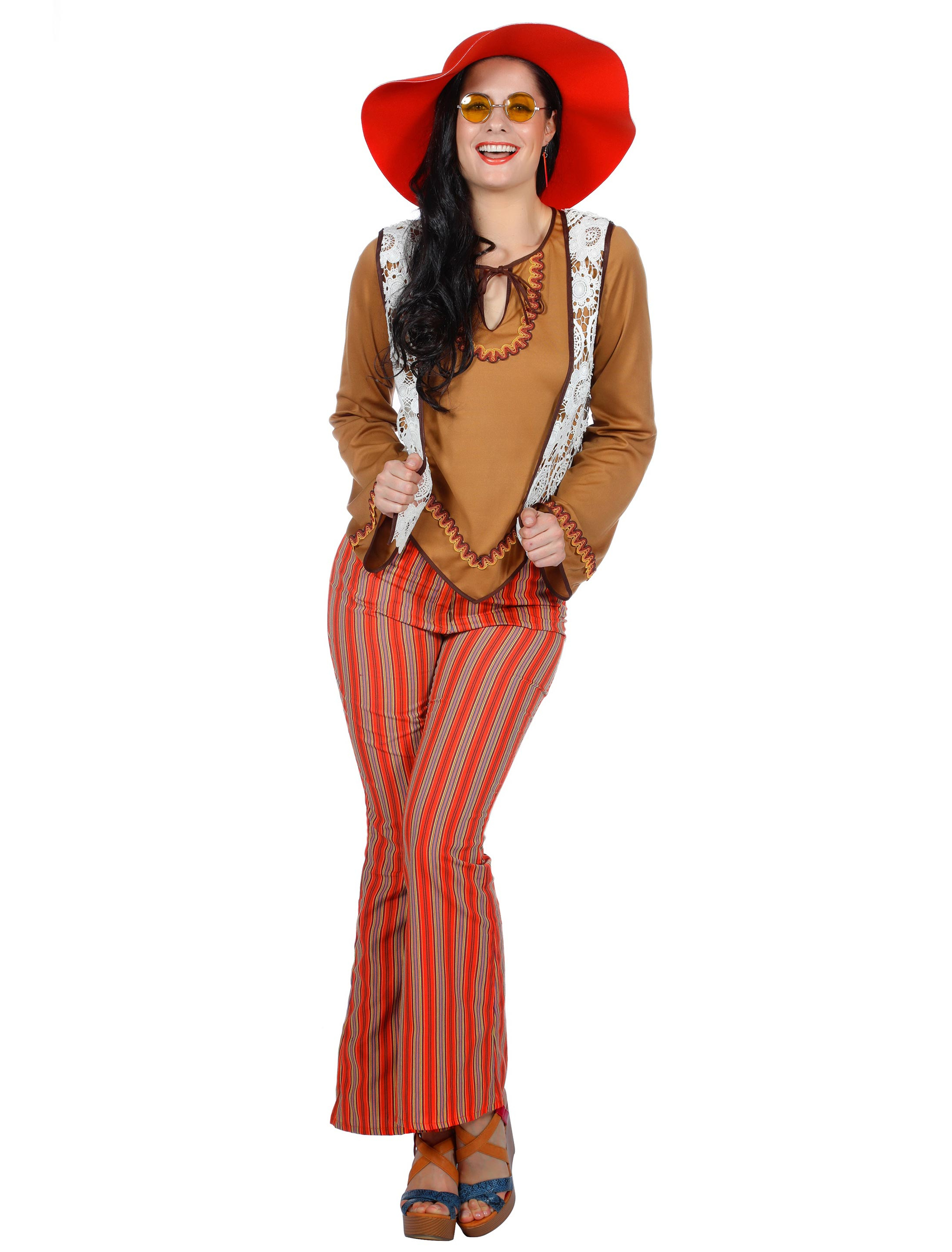 Hippie mit Weste Damen 3-tlg. beige/rot 36