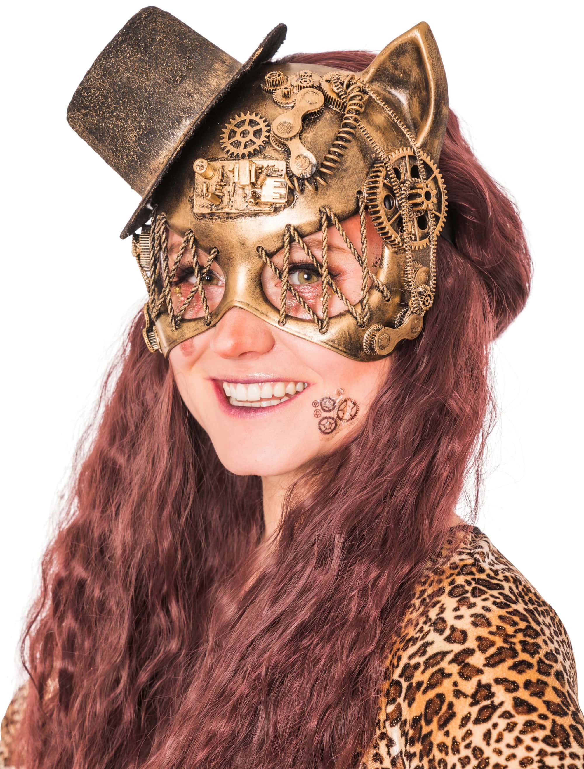 Halbmaske Katze mit Minihut gold one size