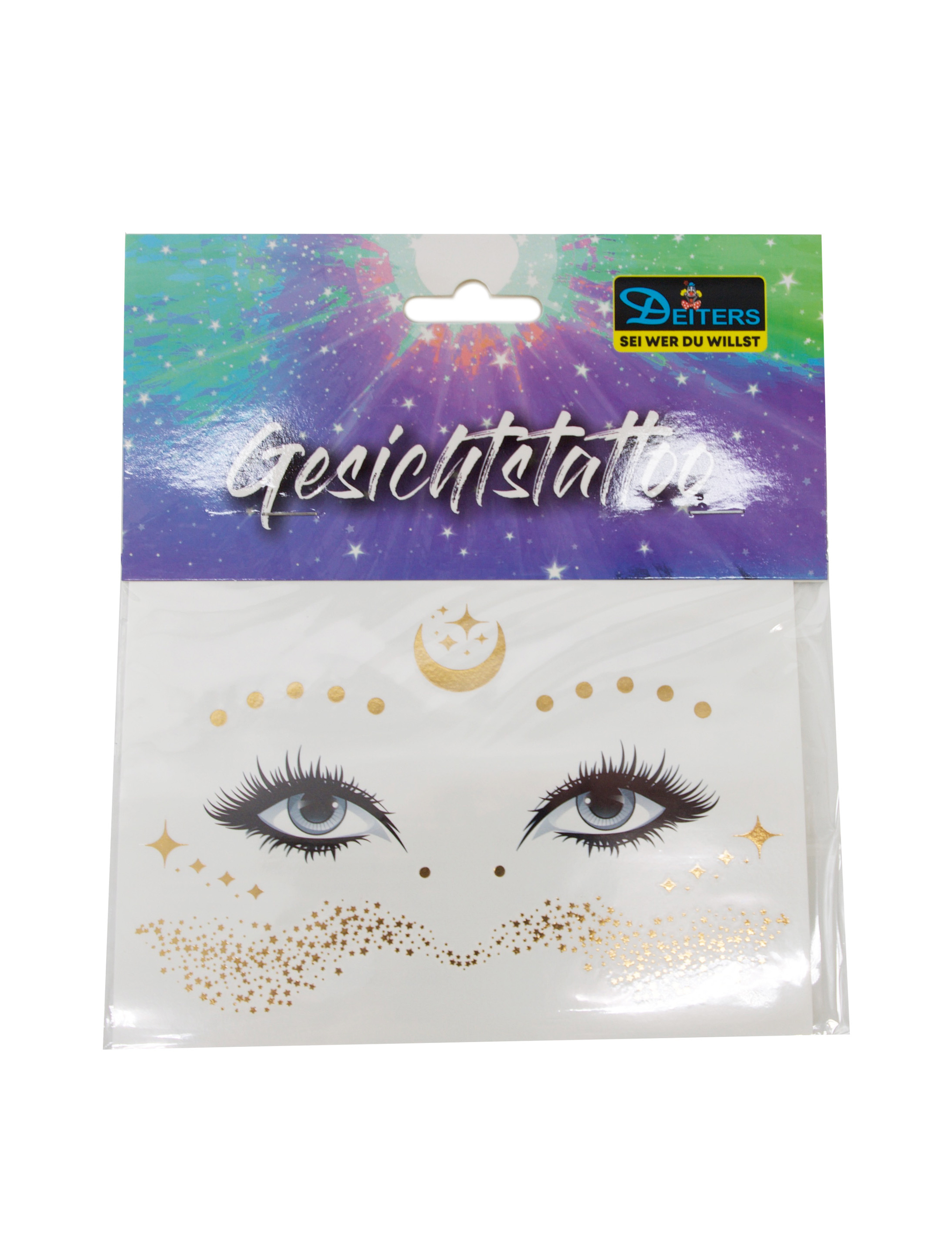 Gesichtstattoo Sommersprossen Sterne und Mond Metallic gold