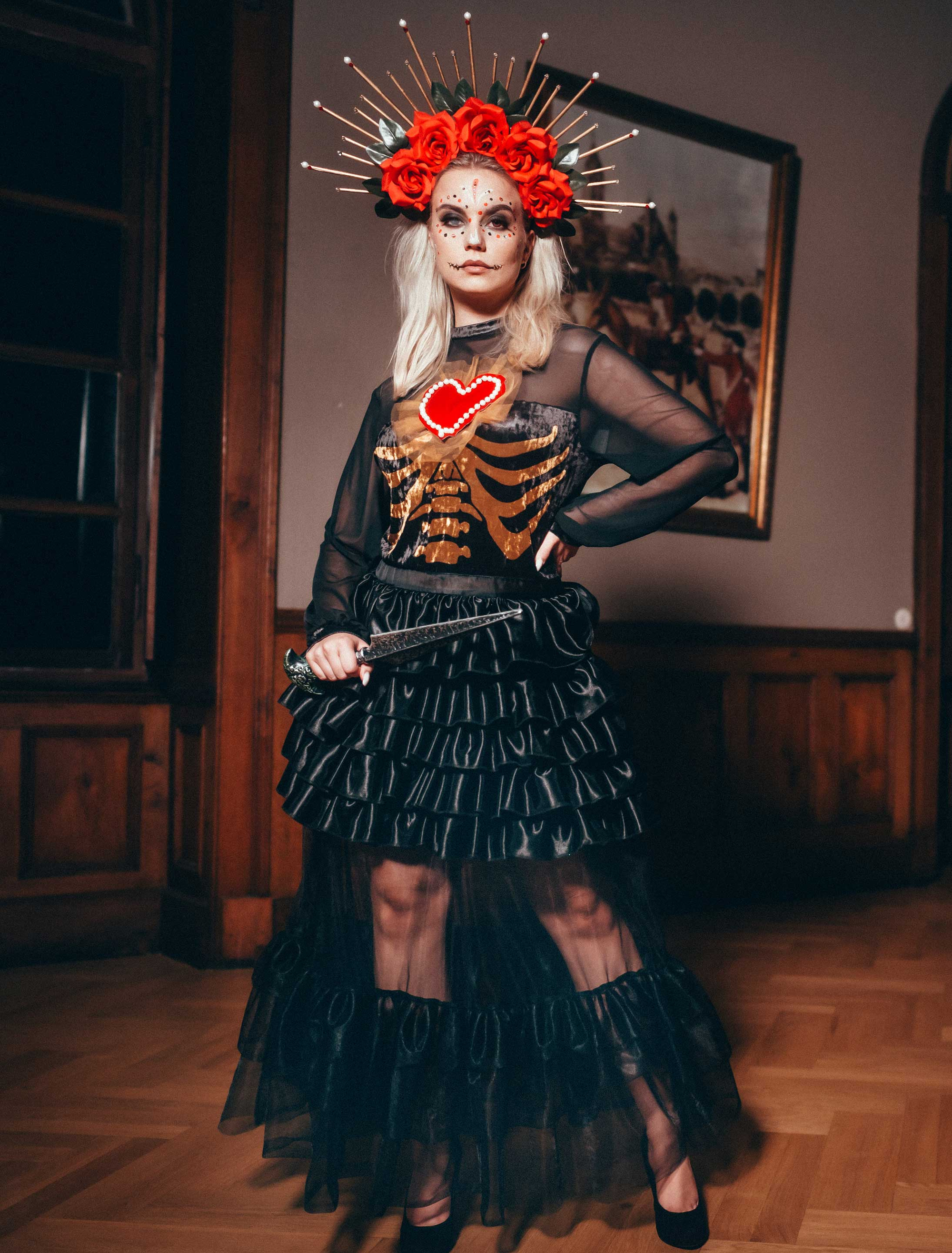 Kleid Dia de los Muertos mit Herz Damen schwarz L/XL