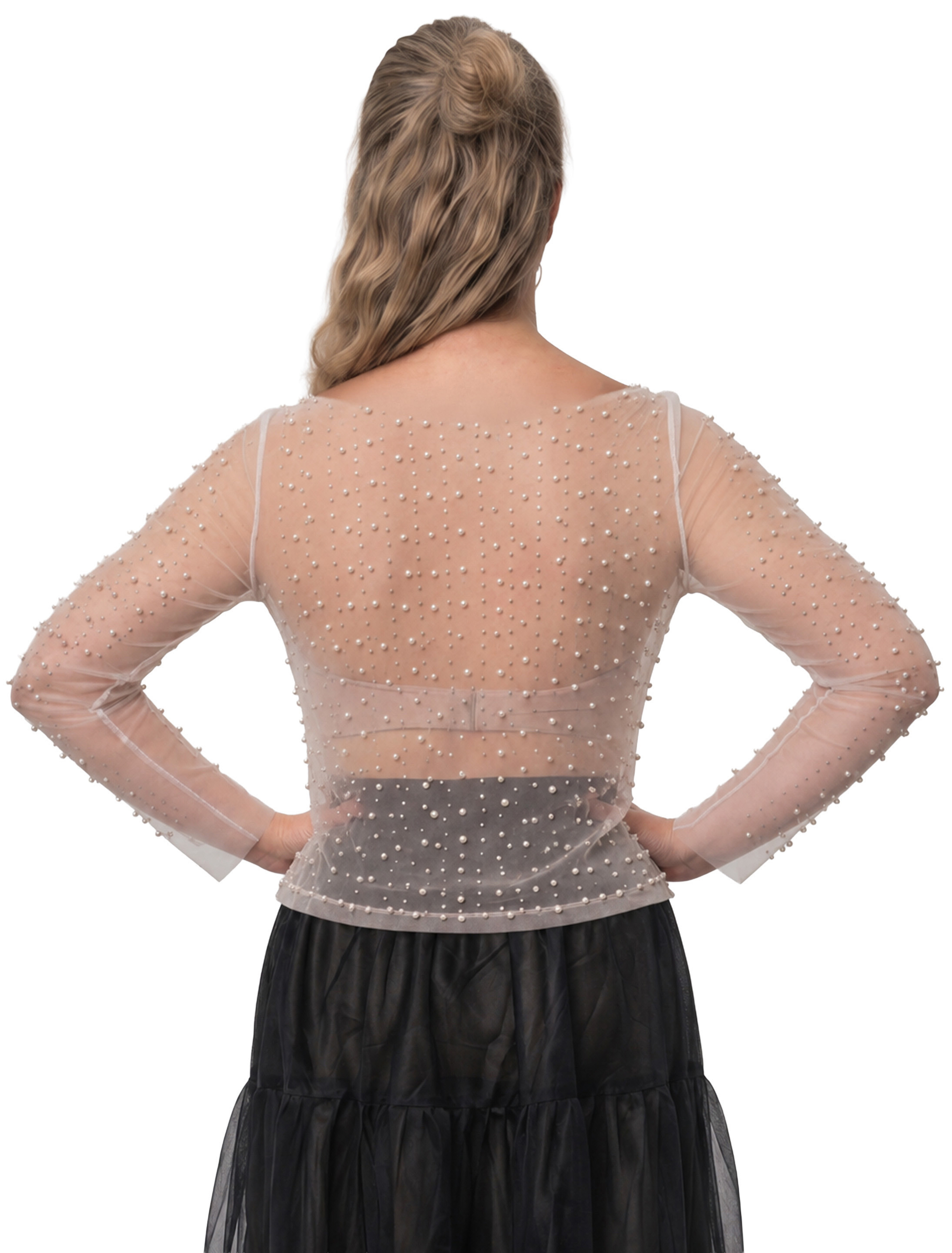Oberteil Mesh mit Perlen und Strass weiß S/M