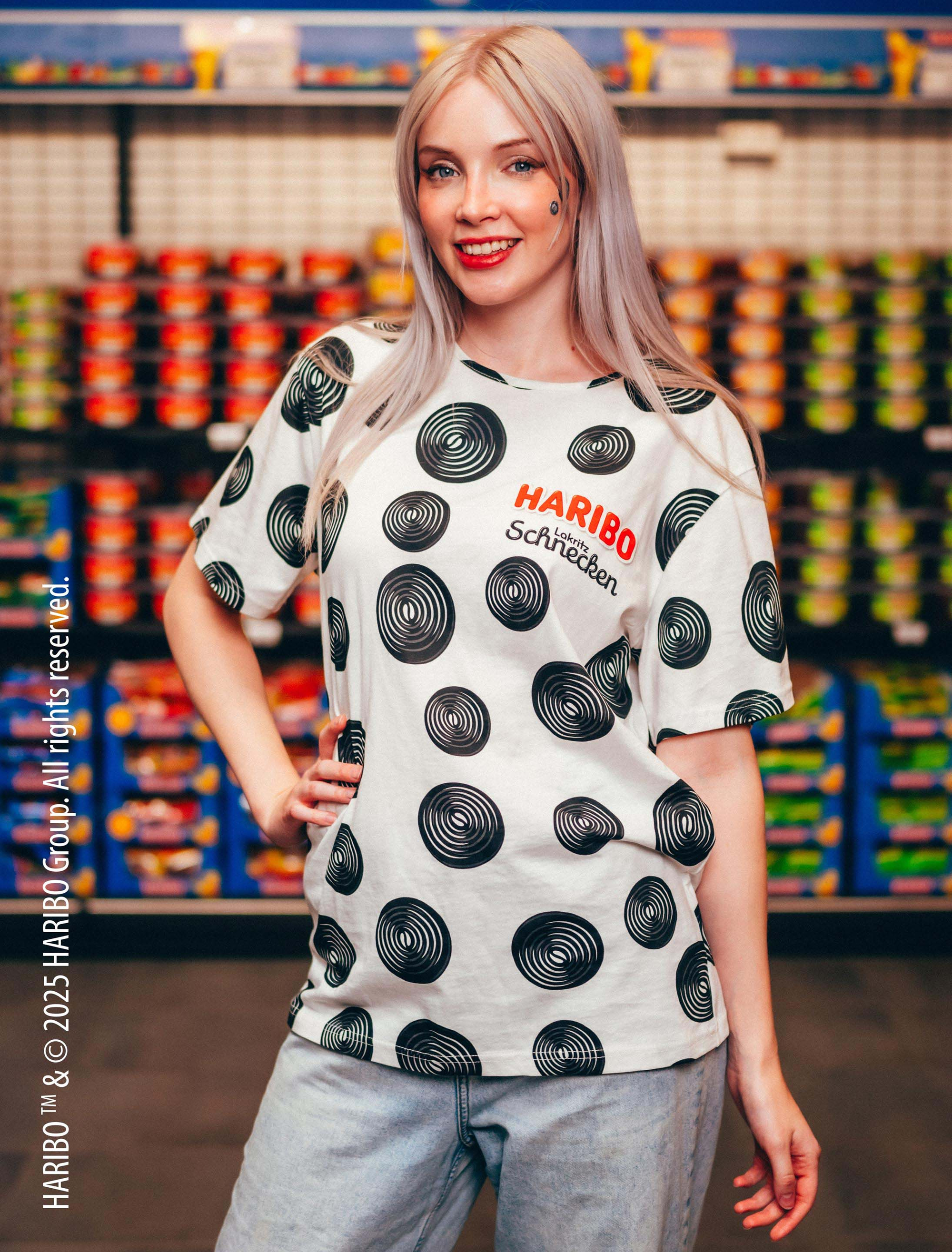T-Shirt HARIBO Lakritz Schnecken Unisex schwarz/weiß L