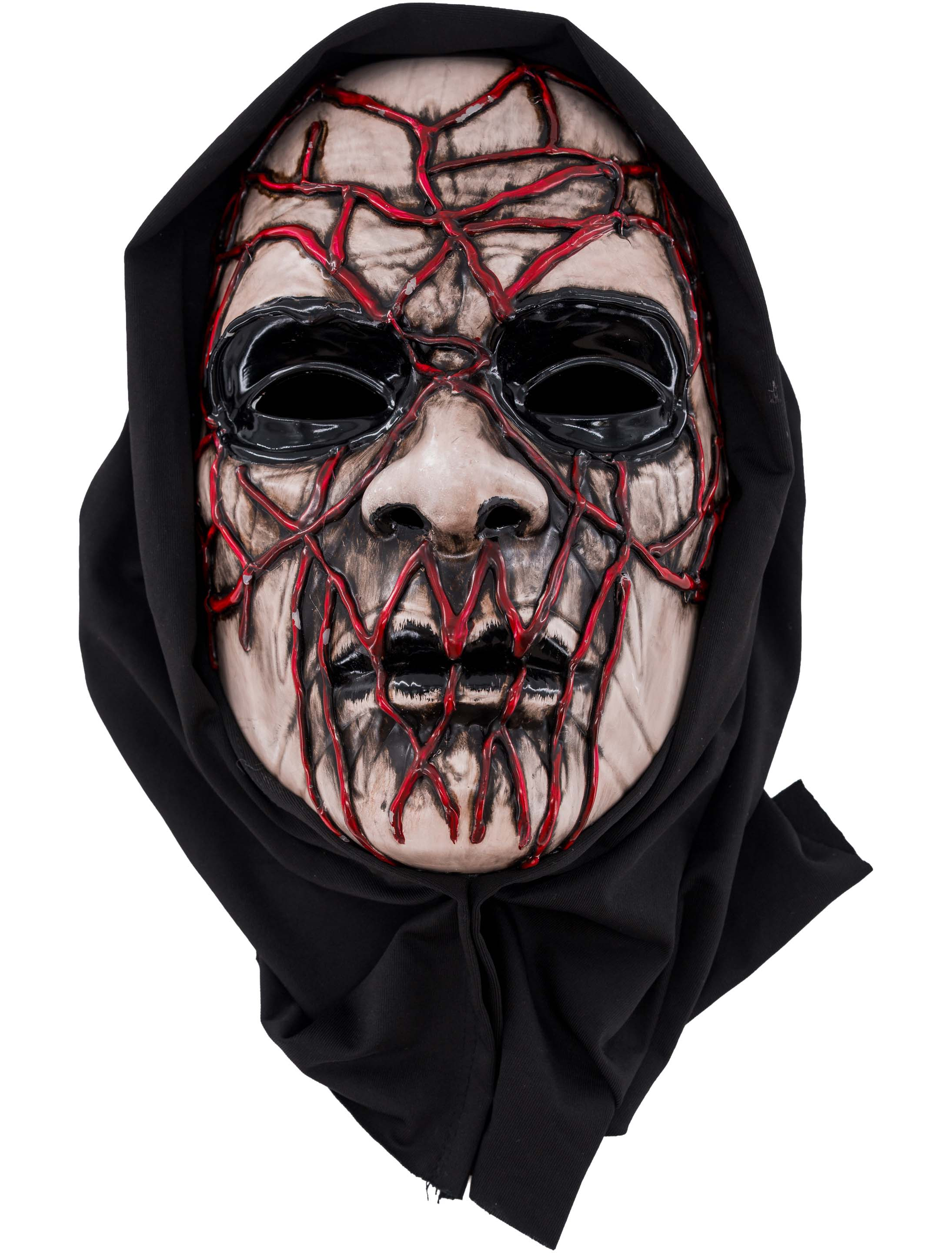 Maske Horrorgesicht mit Kapuze schwarz/weiß/rot