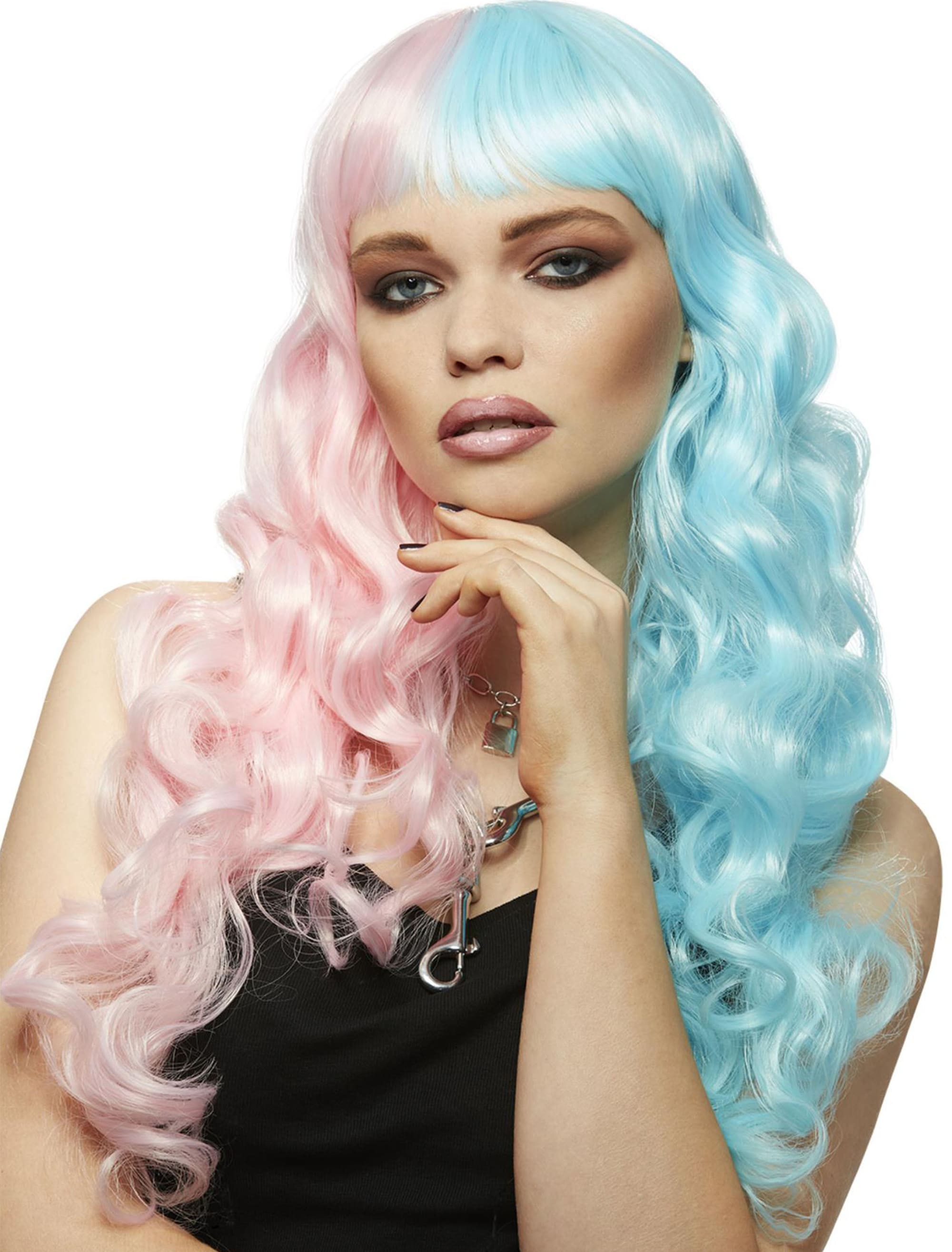 Perücke Langhaar wellig mit Pony türkis/pink