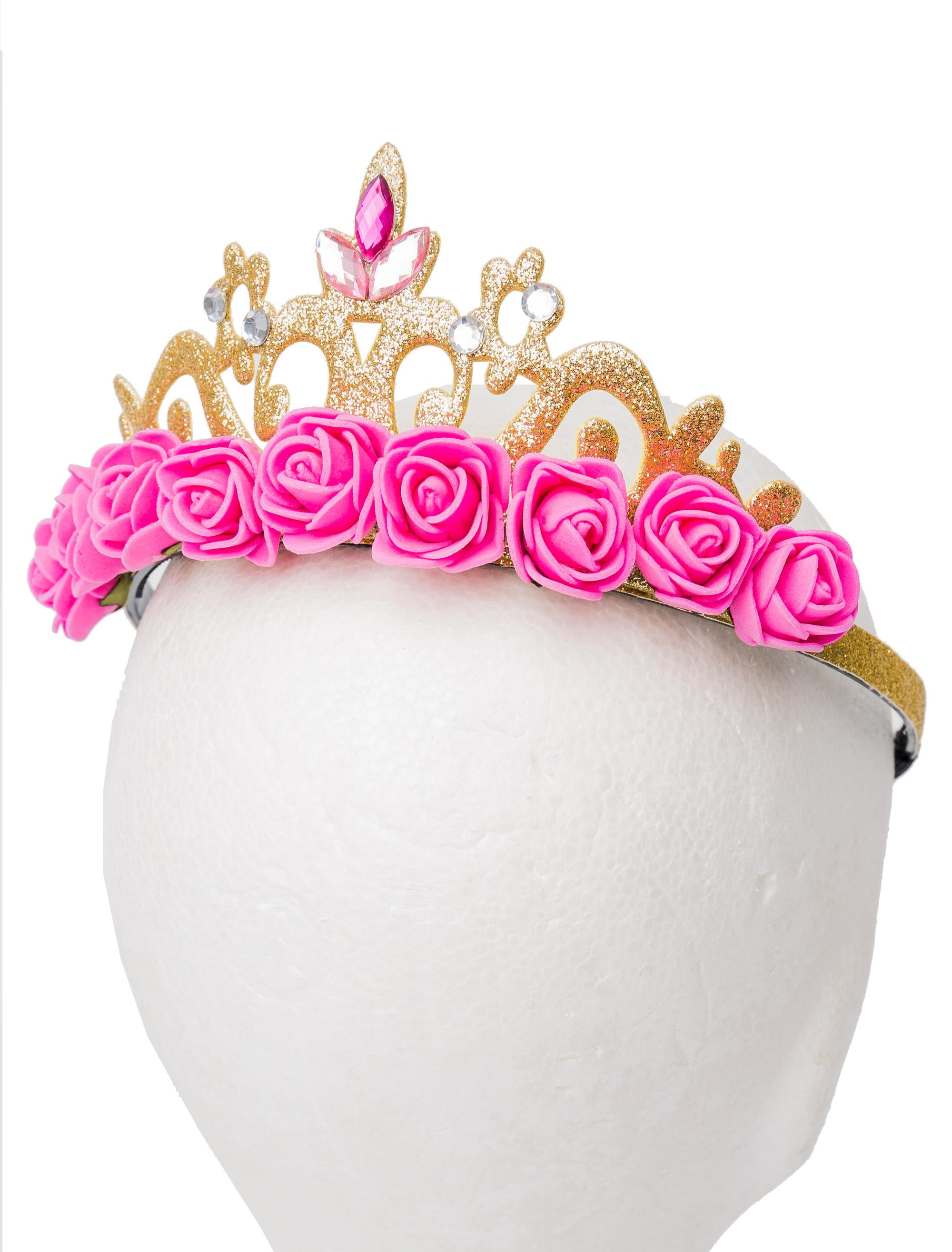 Haarreif Krone gold mit pinken Rosen
