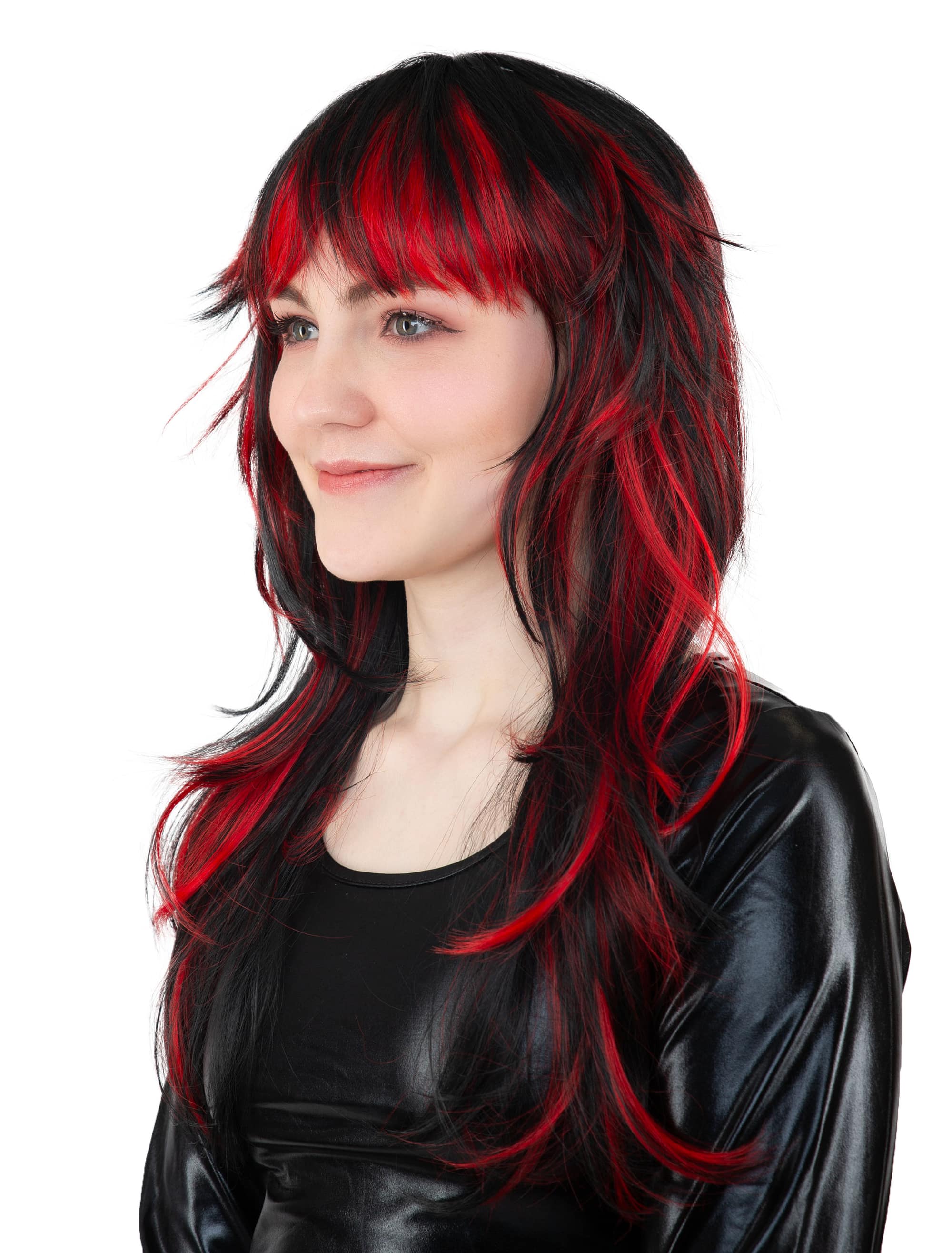 Perücke Mullet Langhaar schwarz/rot