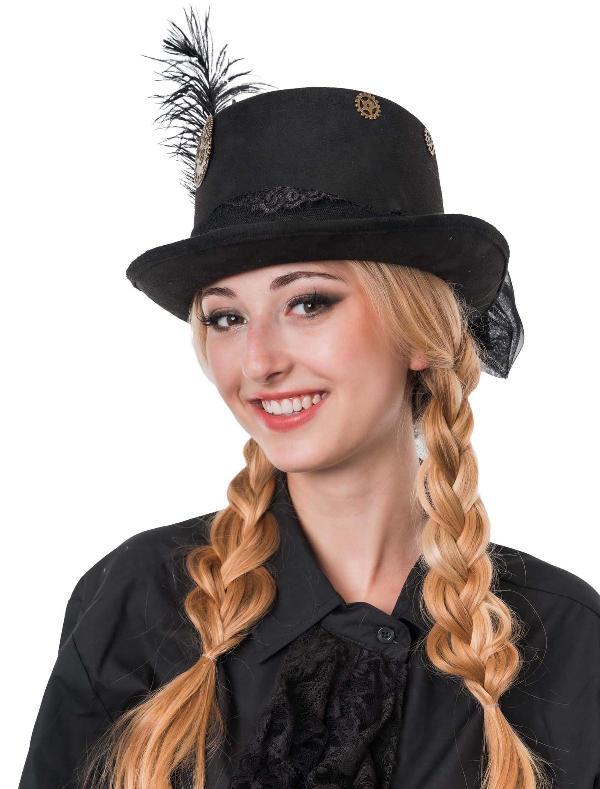 Zylinder Steampunk mit Federn schwarz 58