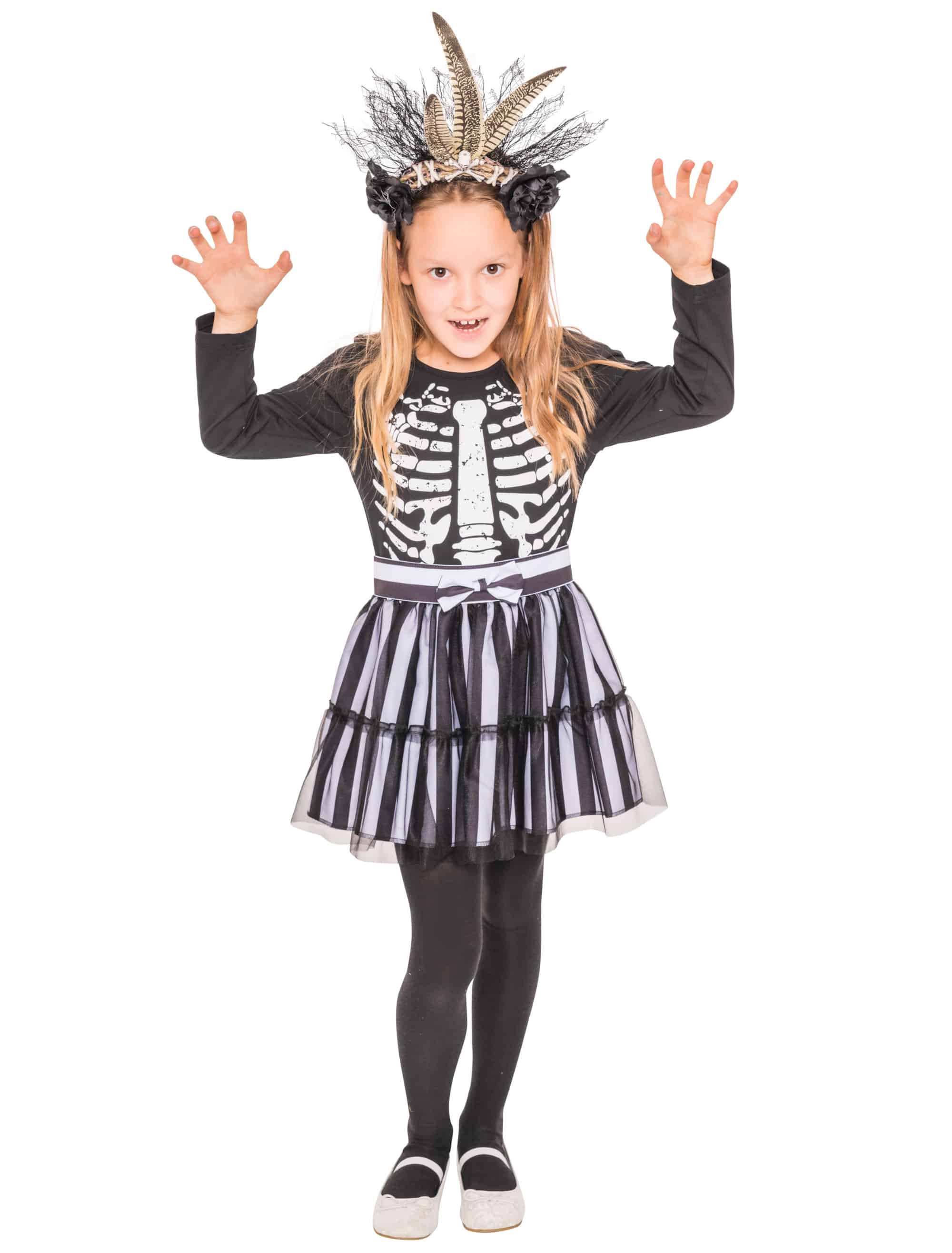 Kleid Kinder mit Skelett schwarz/weiß 128
