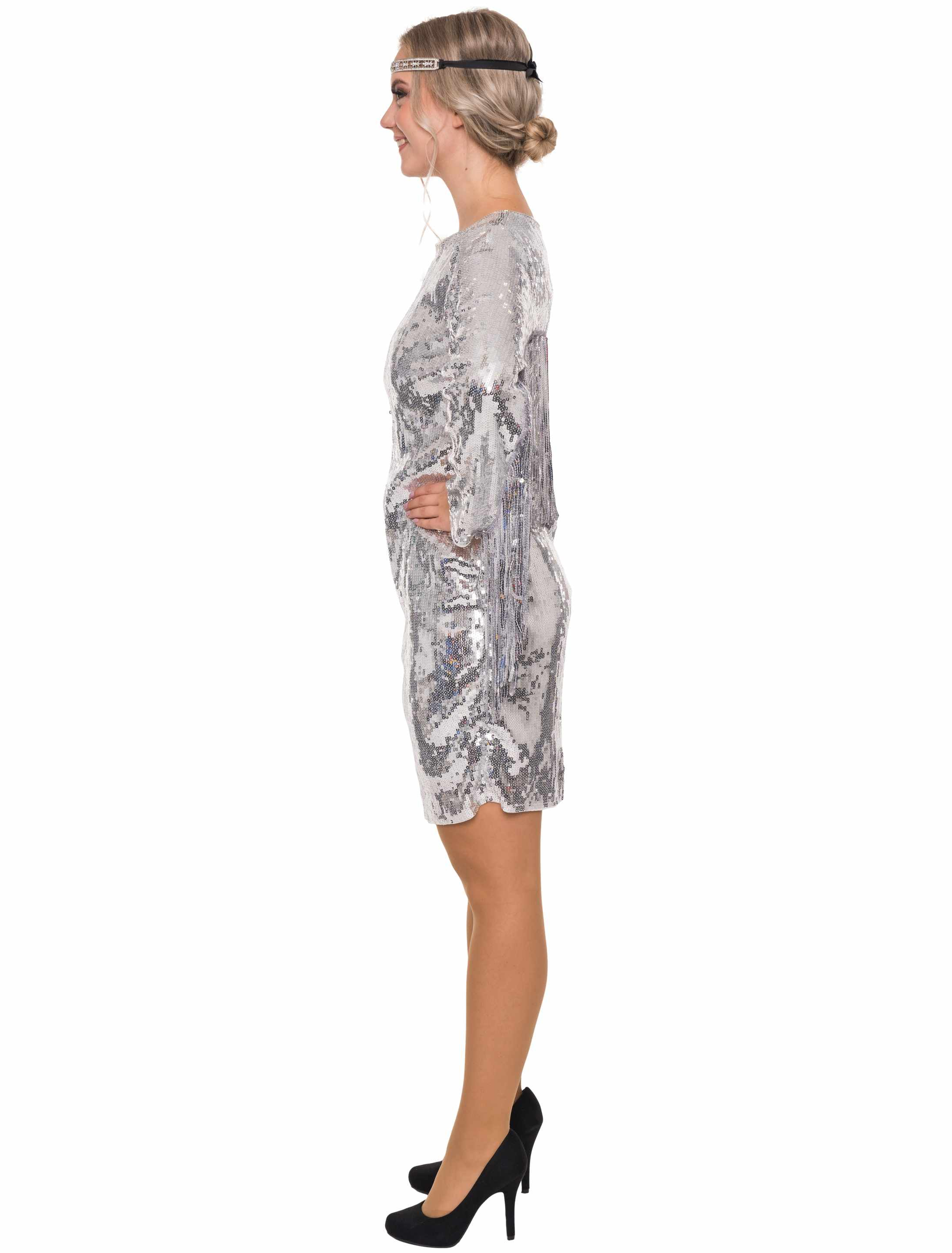 Kleid Pailletten mit Fransen Damen silber S