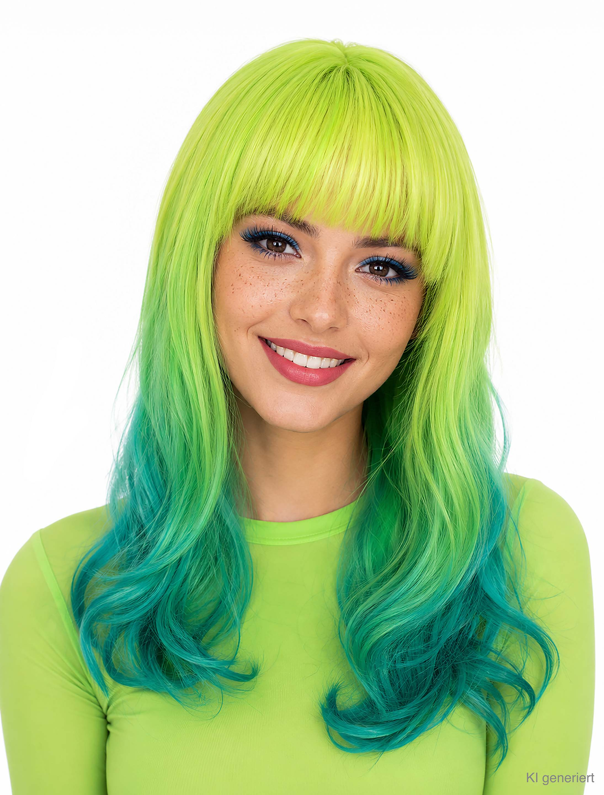 Perücke Langhaar mit Pony neongrün