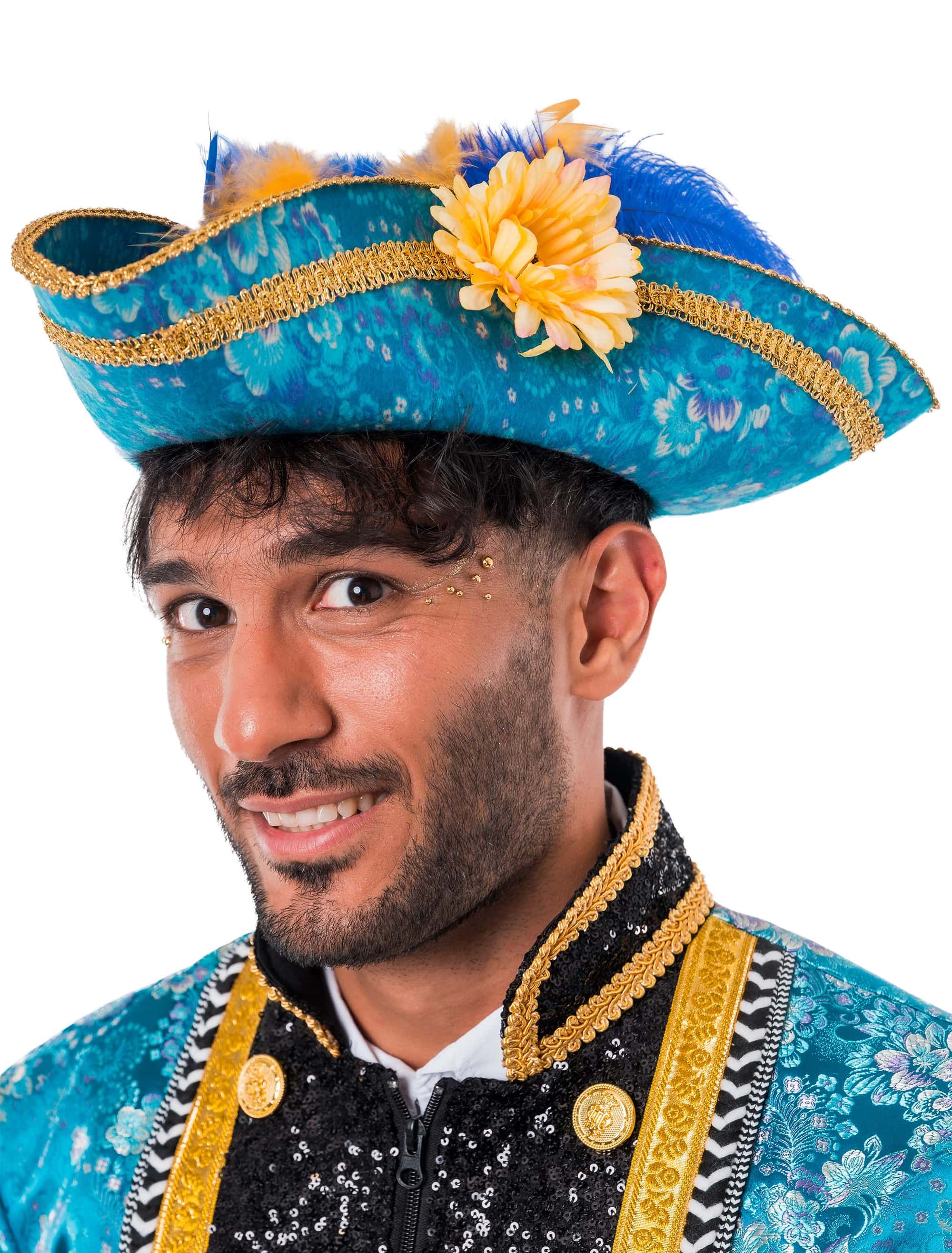 Dreispitz mit Federn und Blume türkis 59