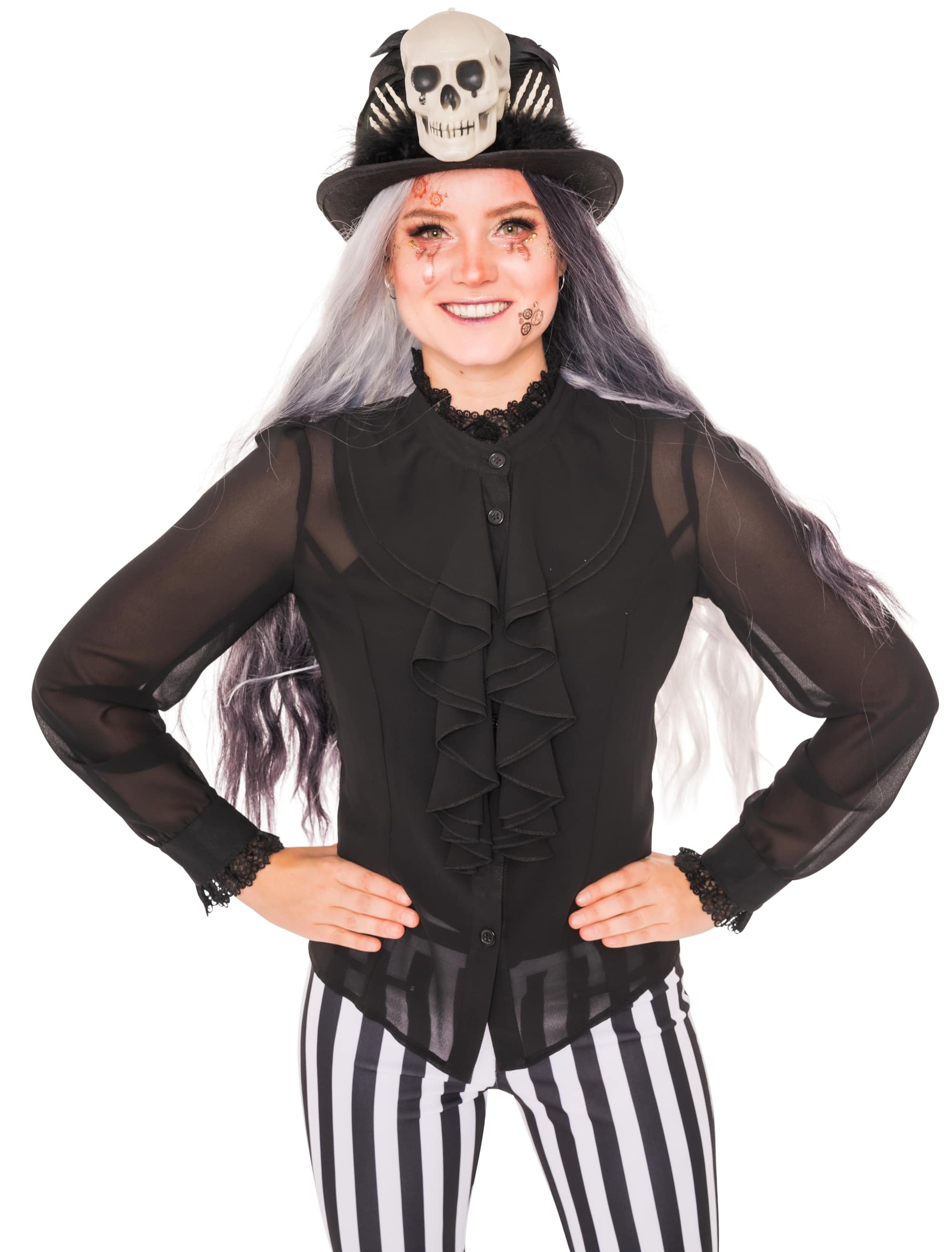 Bluse mit Volant & Spitze Damen schwarz 2XL