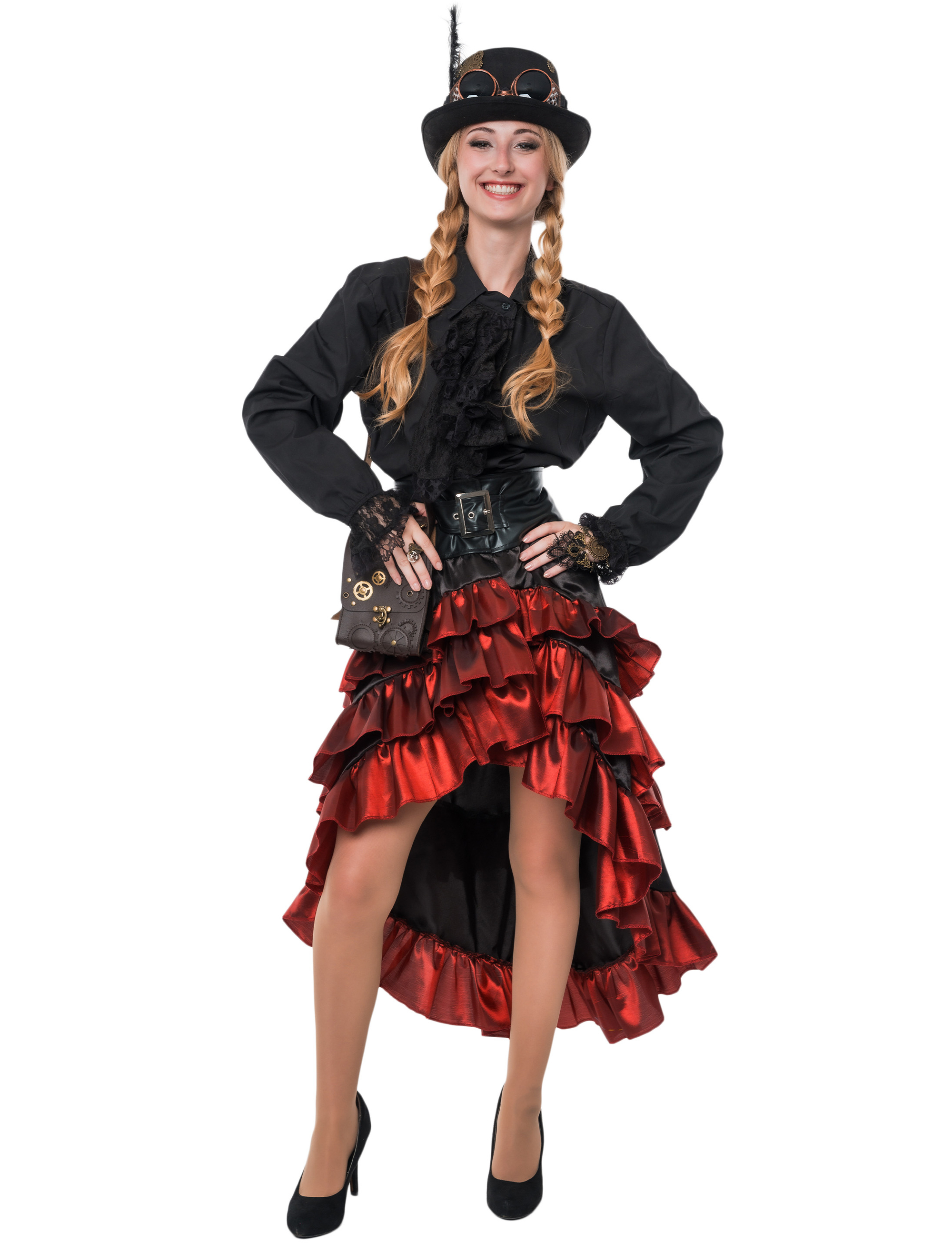 Rock Steampunk mit Schnalle Damen schwarz/weinrot S/M