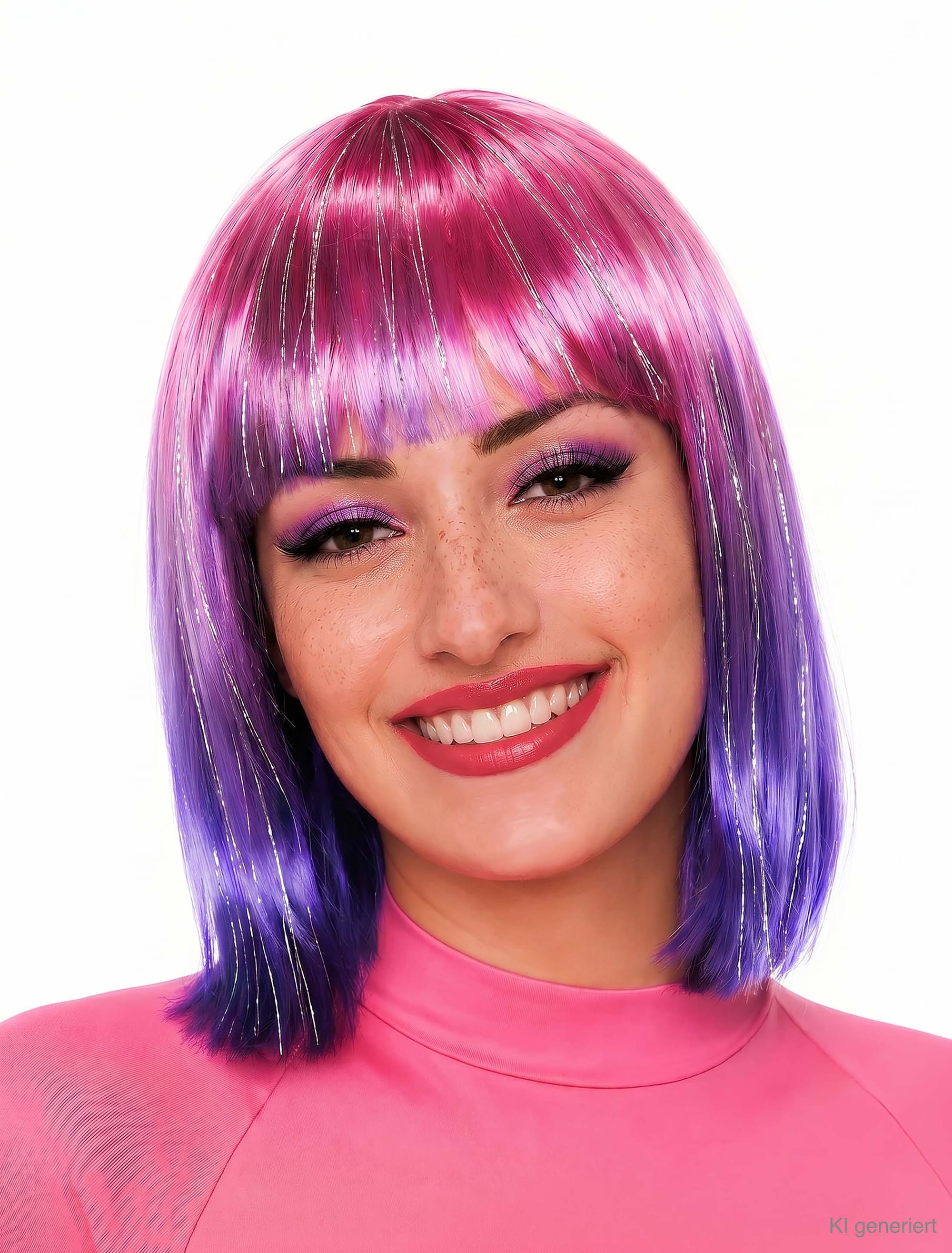 Perücke schulterlang mit Lametta pink/lila