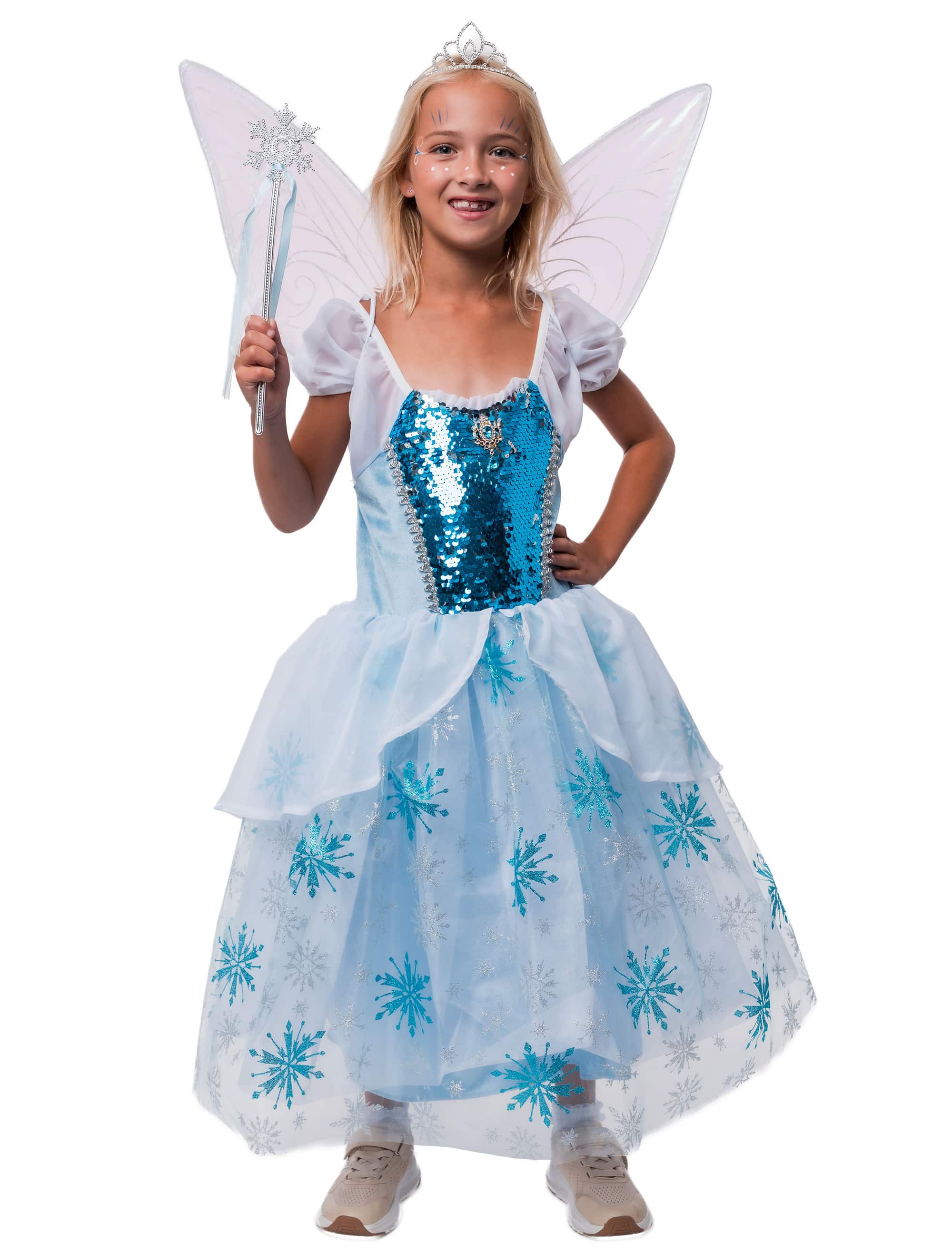 Kleid Schneeflocken-Prinzessin mit LED Kinder weiß/blau 128