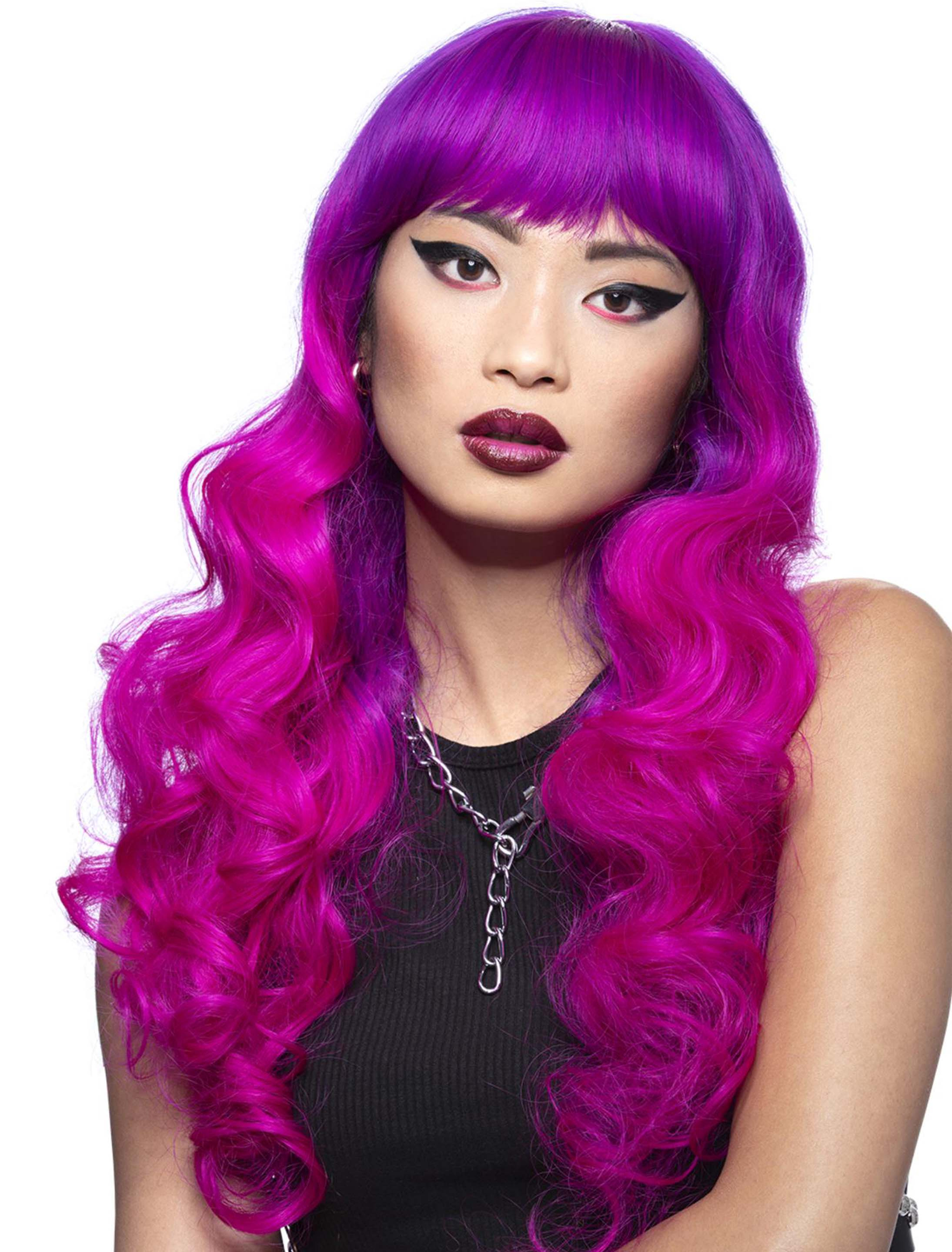 Perücke Langhaar lockig mit Pony fuchsia