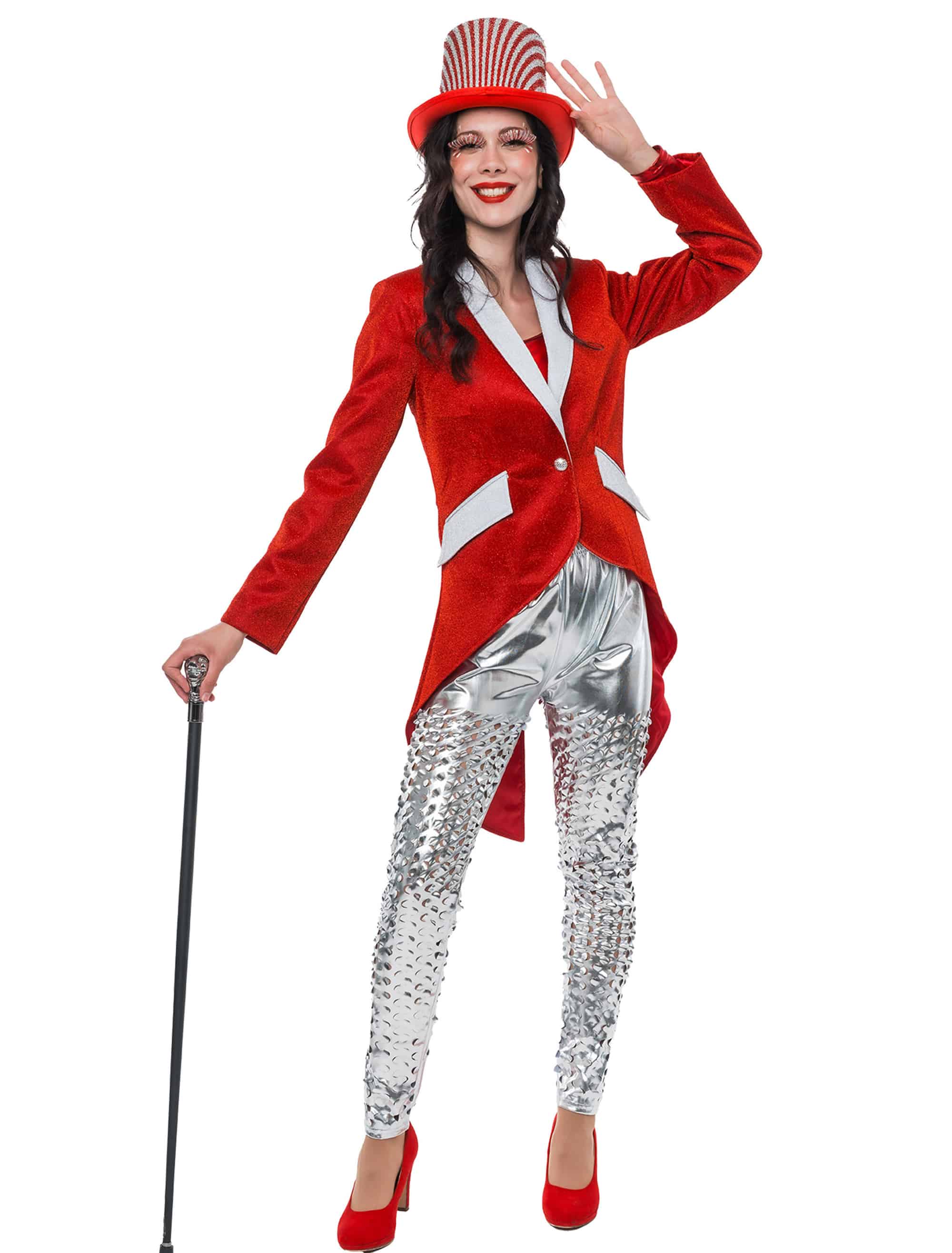Frack Glitzer Damen rot/silber 2XL