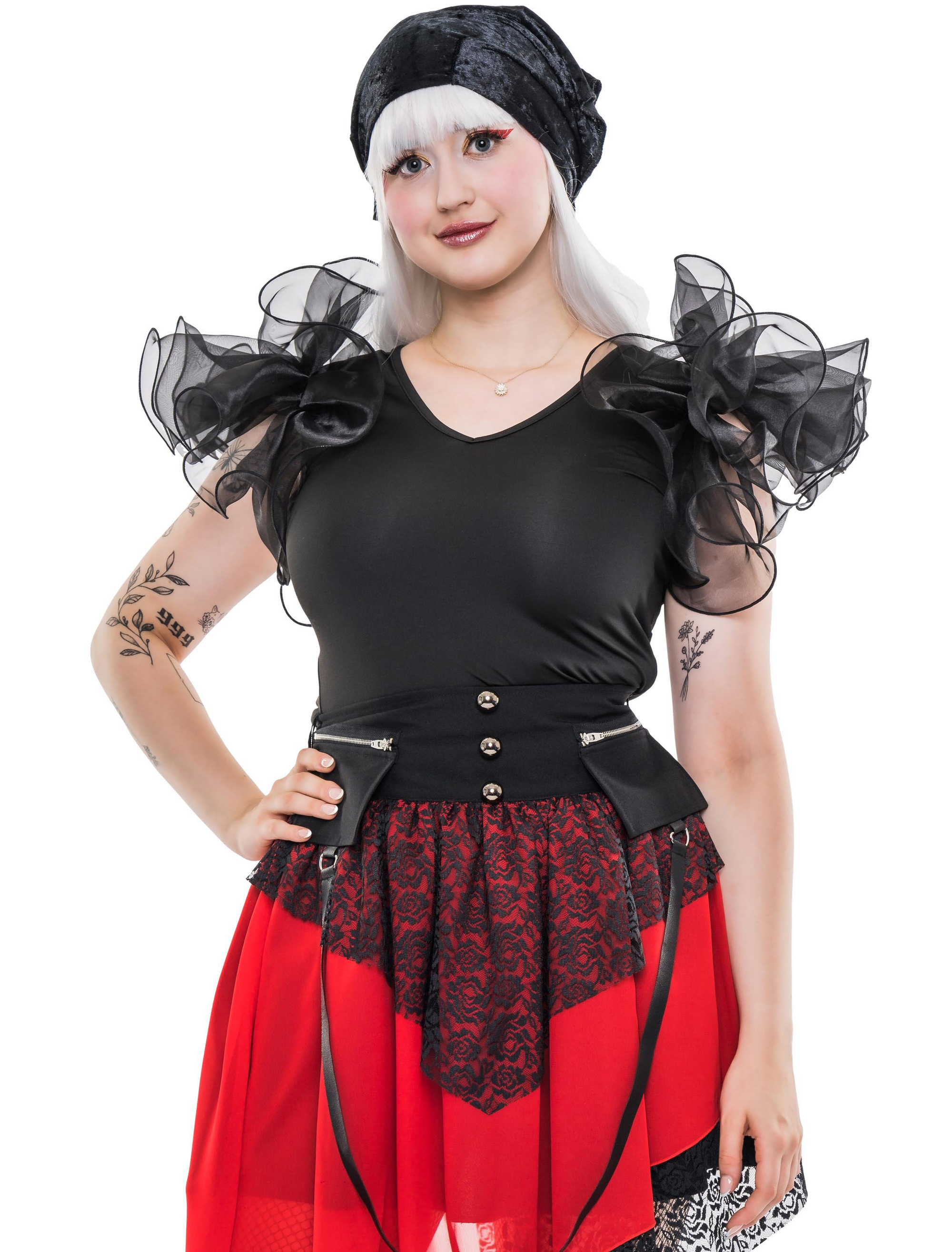 Shirt mit Rüschenärmeln Damen schwarz S-M