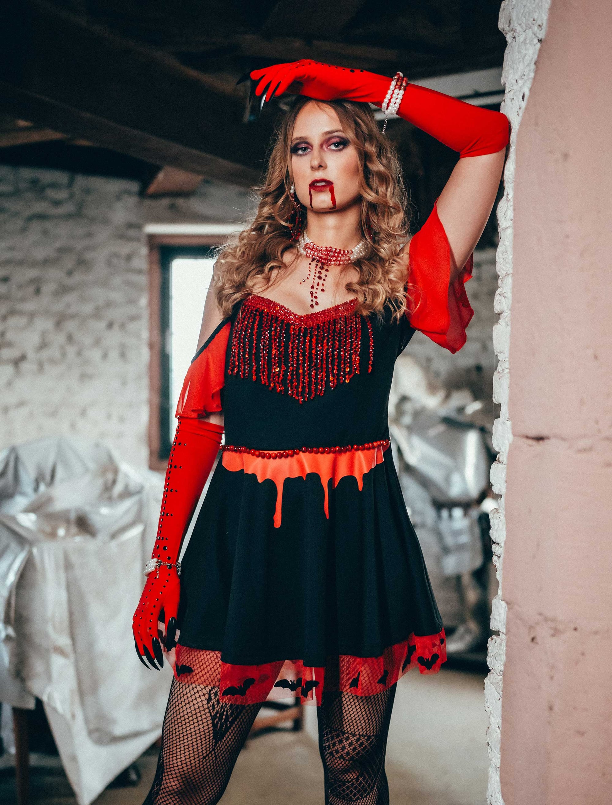 Kleid Vampirin mit Perlengürtel Damen schwarz/rot S/M