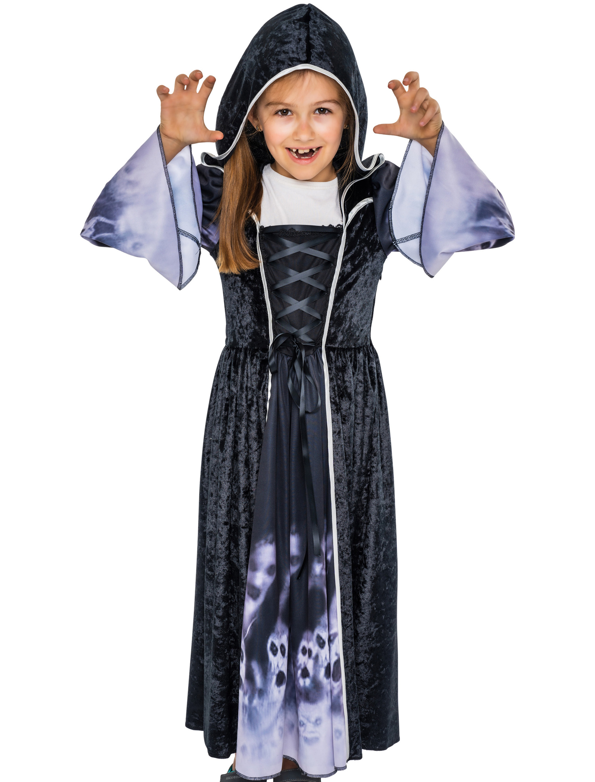 Kapuzenkleid mit Totenköpfen Mädchen schwarz 134