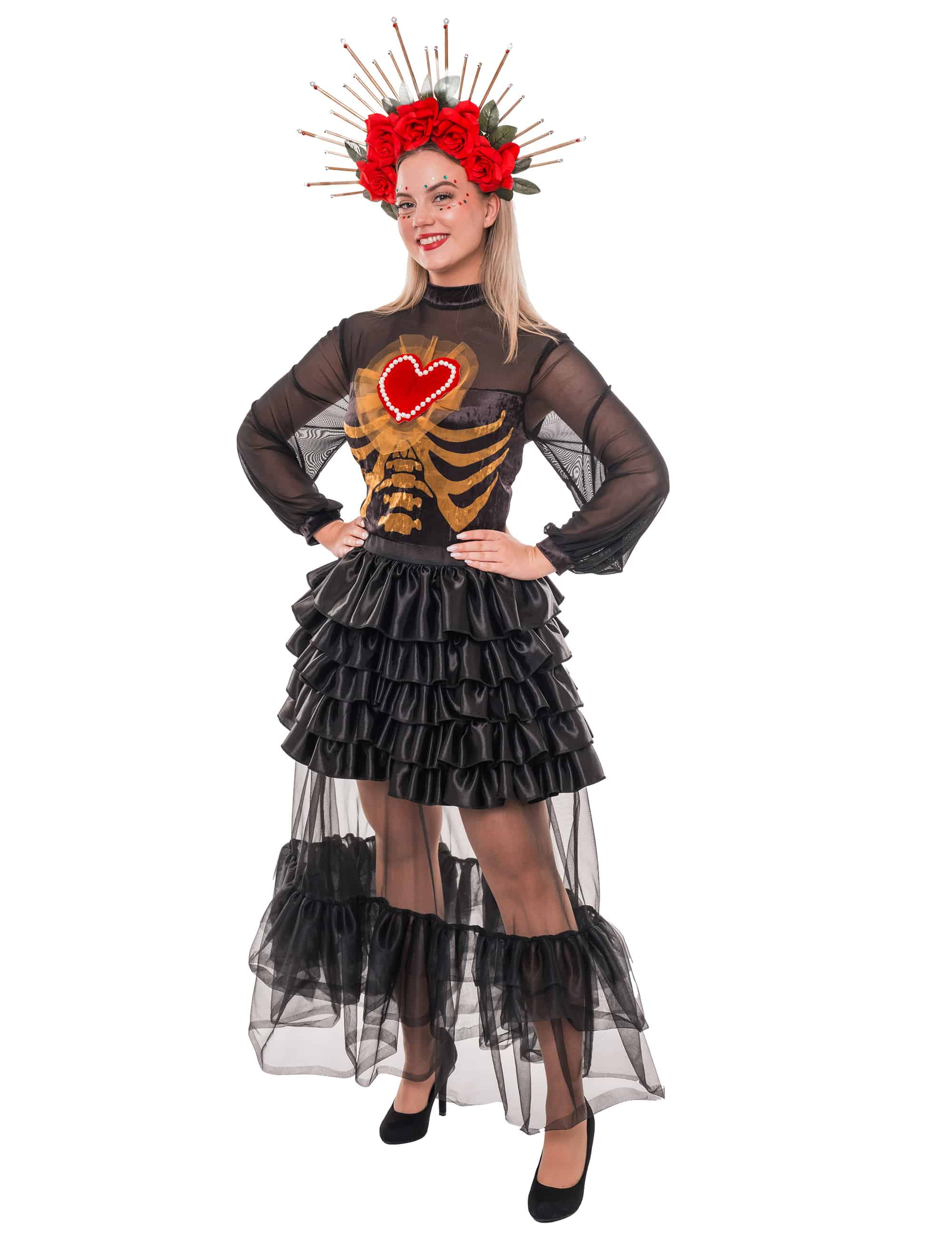 Kleid Dia de los Muertos mit Herz Damen schwarz S/M
