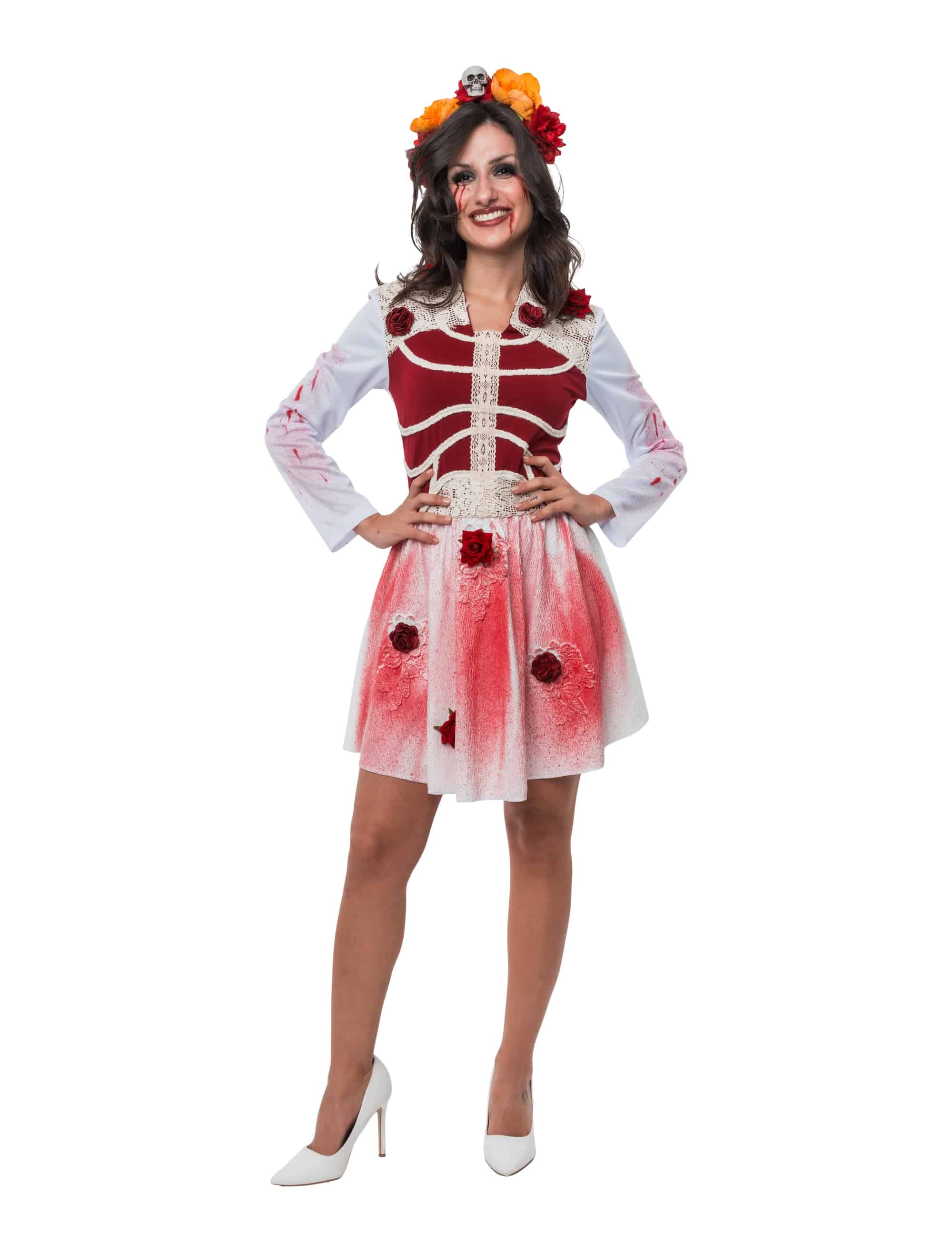 Kleid Knochen mit Rosen Damen rot/weiß S/M