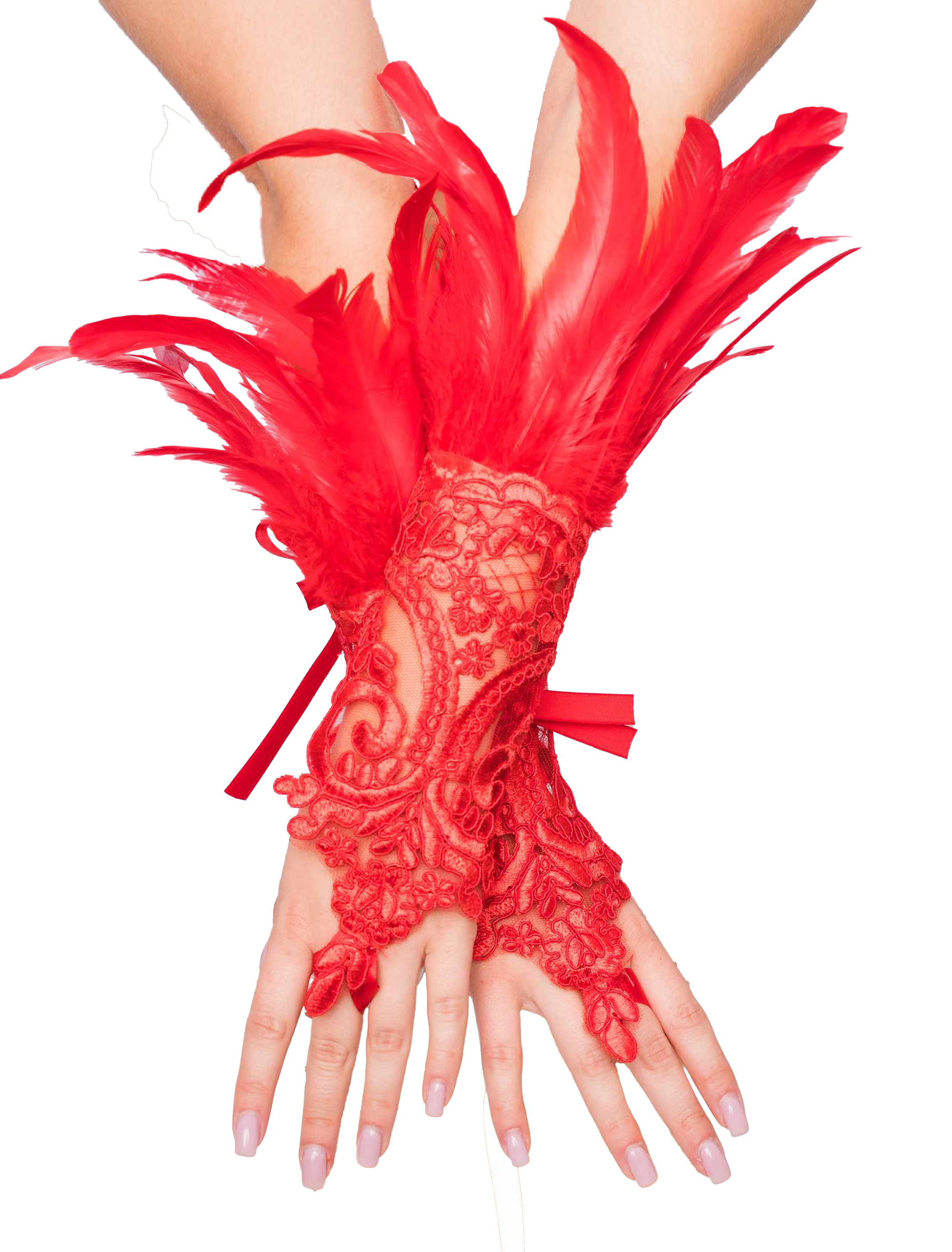 Handschuhe mit Federn und Spitze rot
