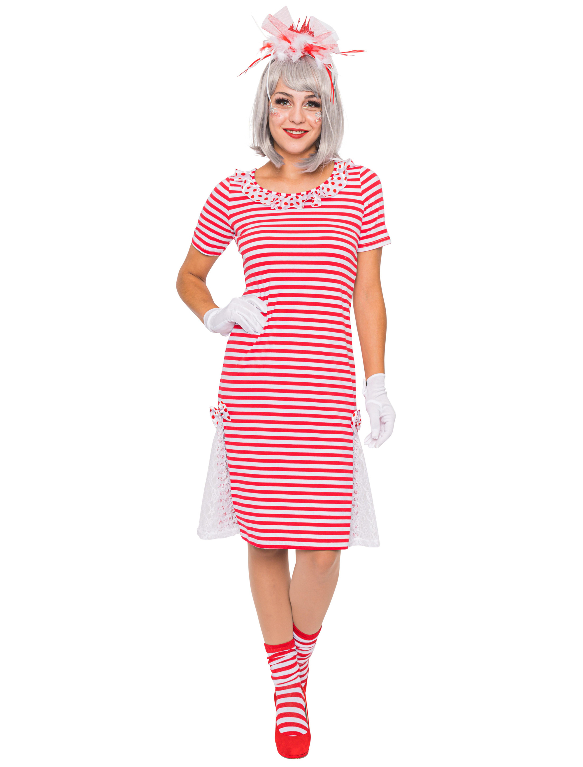 Ringelkleid mit Spitze Damen rot/weiß L