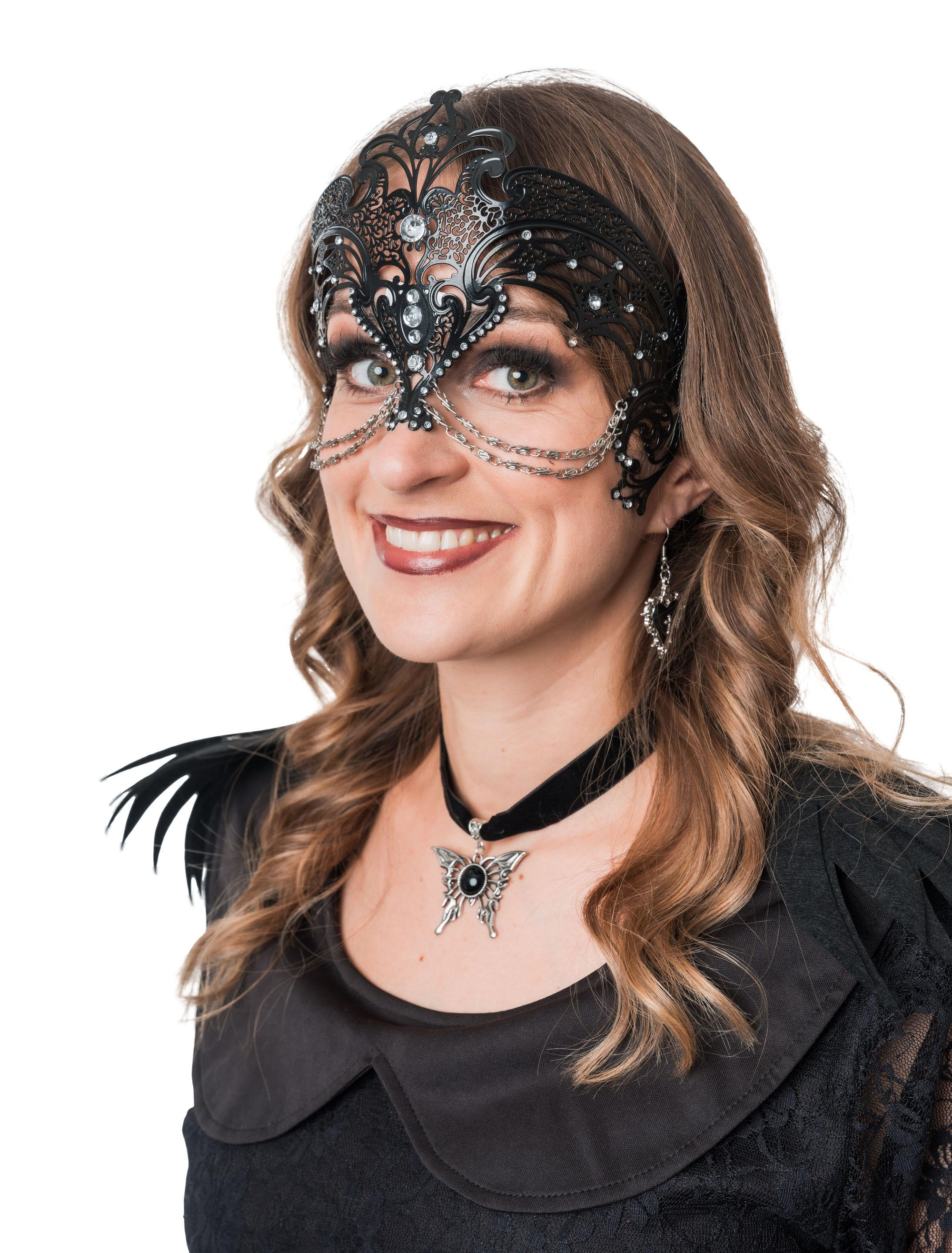 Maske Metall mit Strass und Ketten schwarz/silber