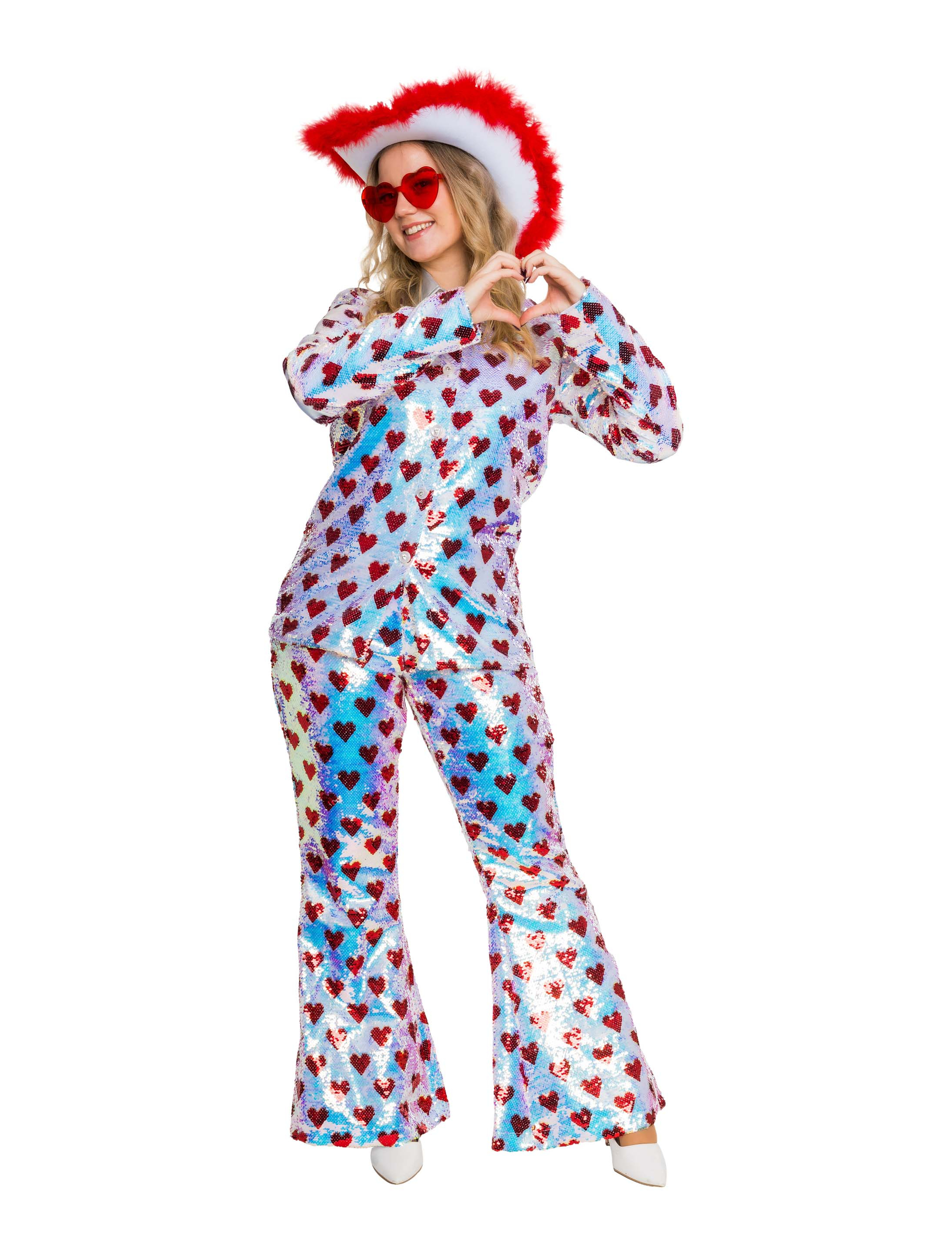 Schlaghose Herzen mit Wendepailletten Damen weiß/rot S/M