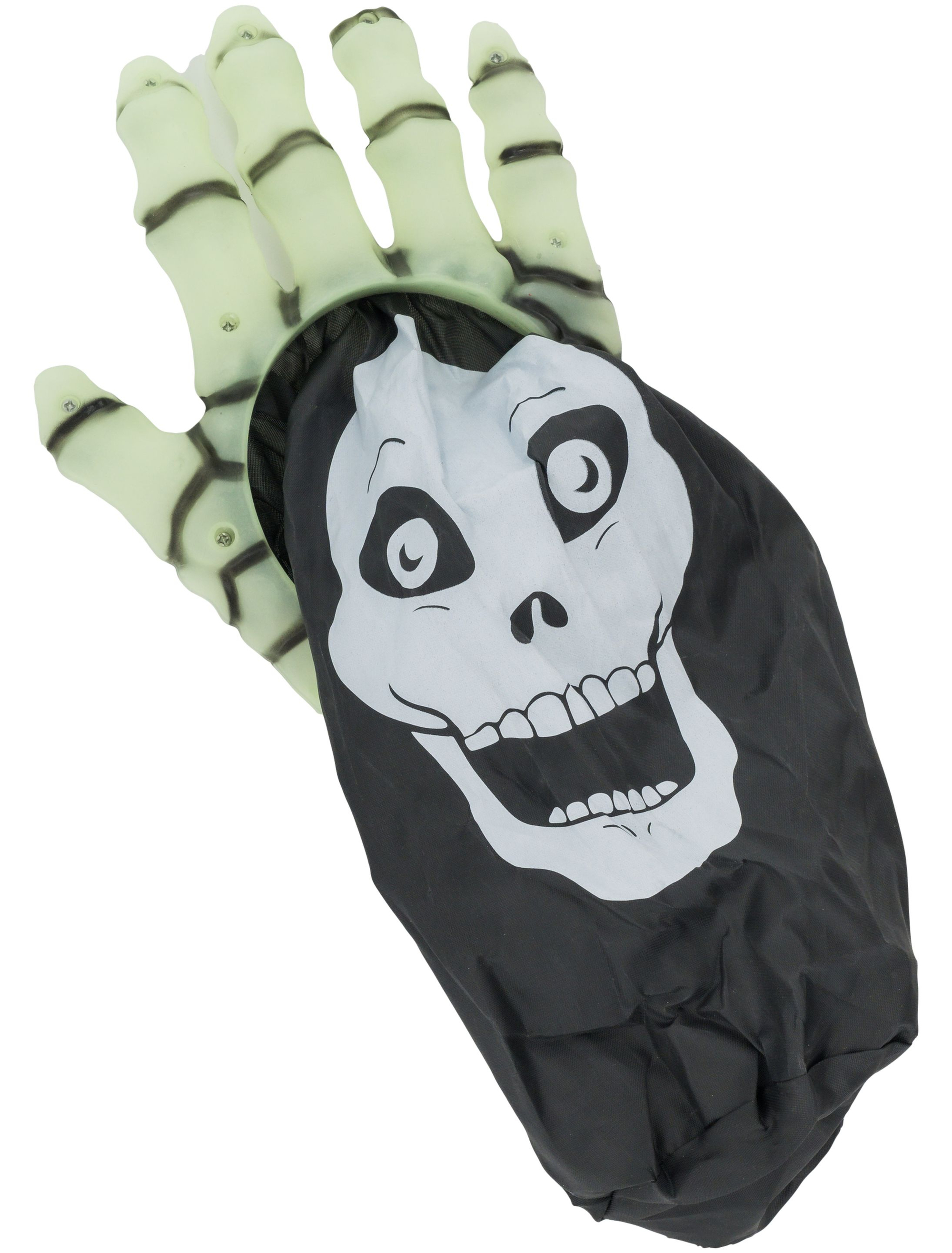 Halloweenhand mit Beutel Totenkopf grün/orange