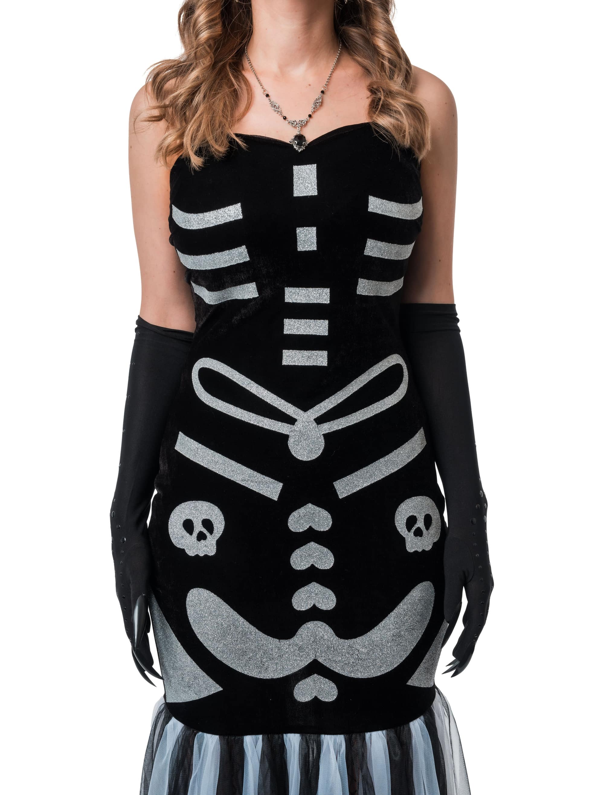 Kleid mit Skelett-Print Damen schwarz/silber S/M