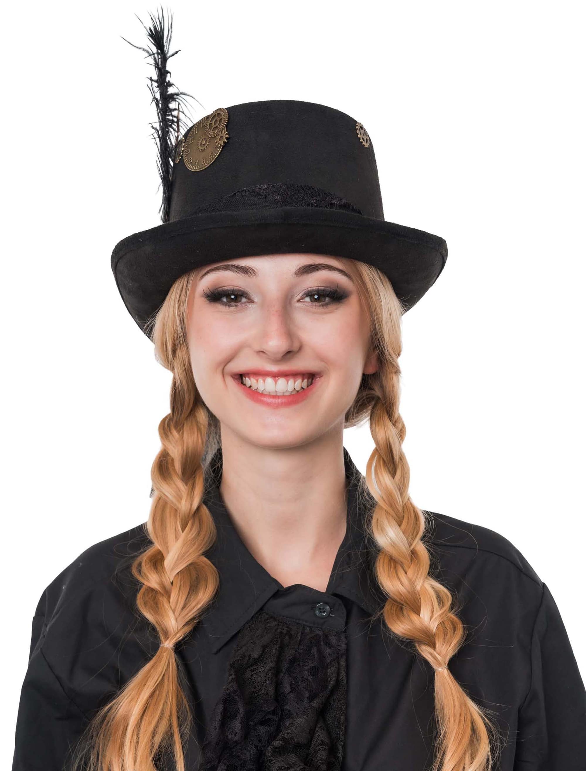 Zylinder Steampunk mit Federn schwarz 58