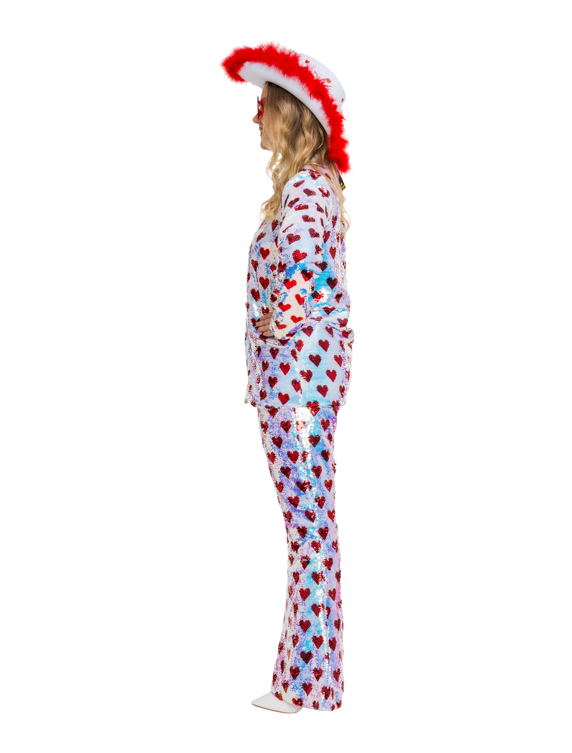 Schlaghose Herzen mit Wendepailletten Damen weiß/rot L/XL