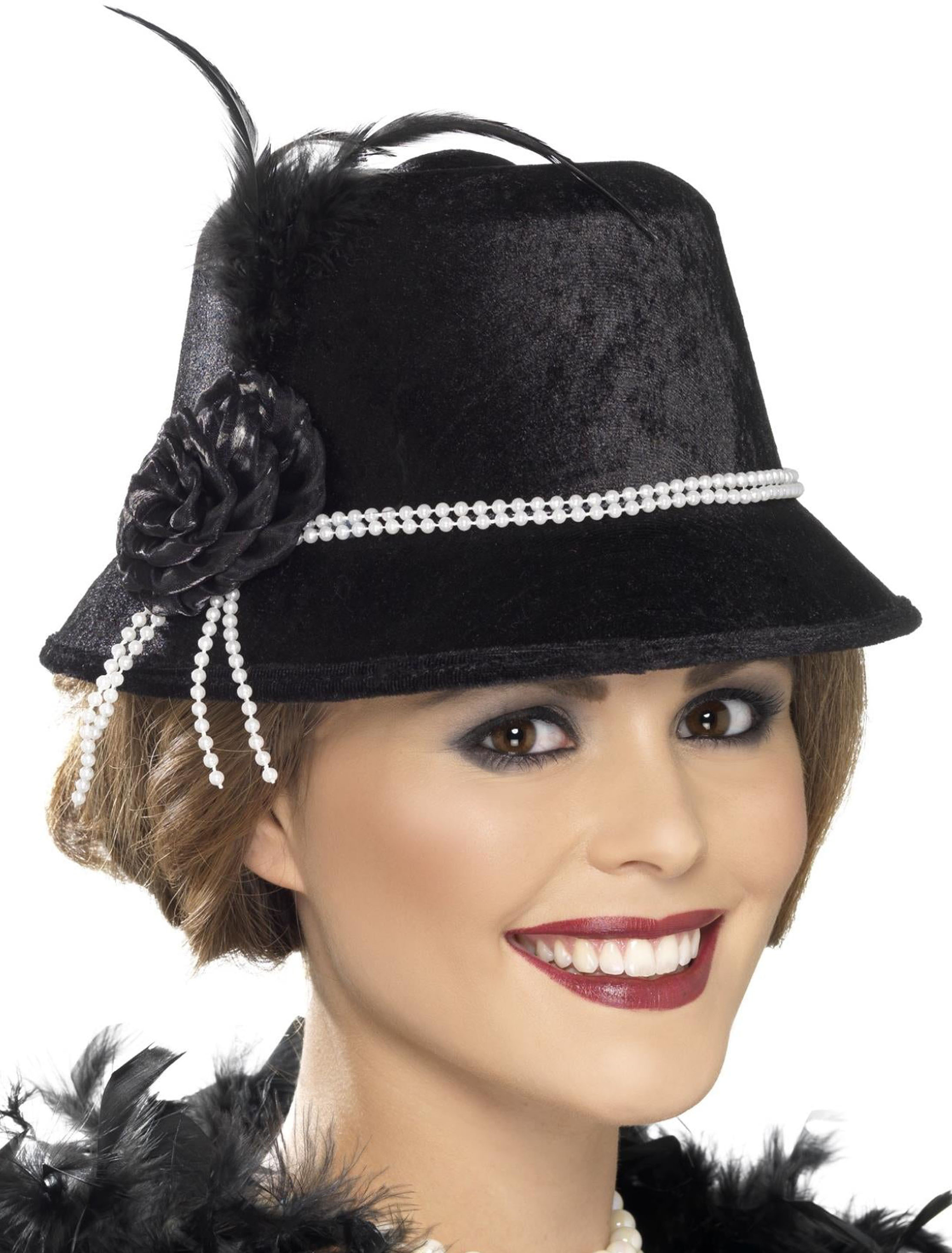 Hut 20er Jahre mit Perlen Damen schwarz one size