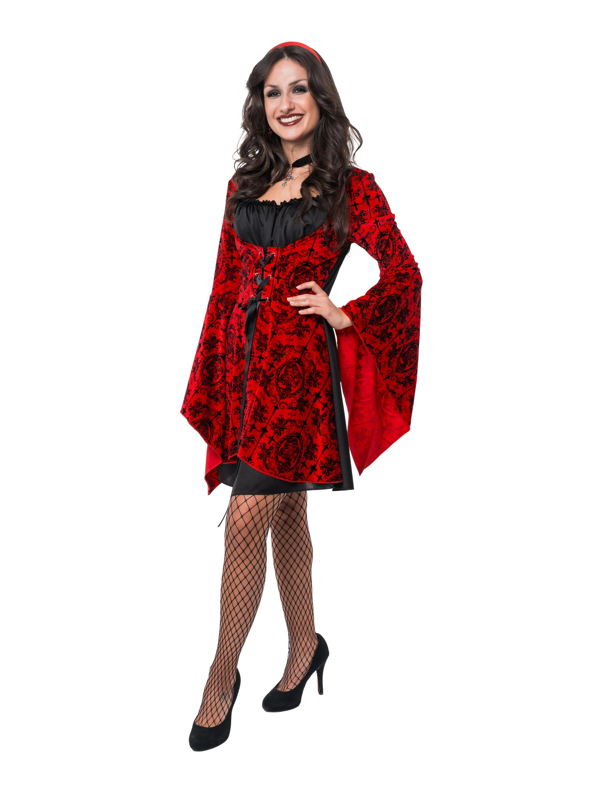 Kleid Vampir mit Trompetenärmeln Damen rot/schwarz S/M