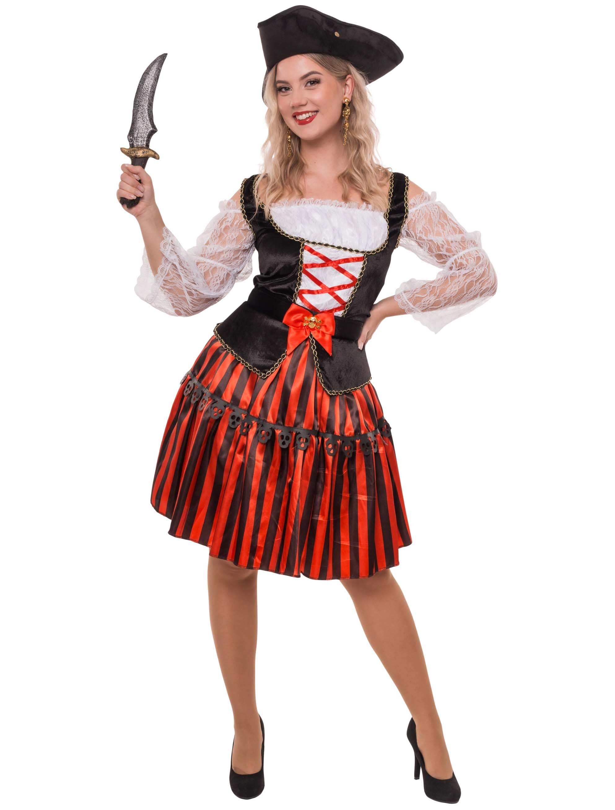Kleid Piratin 2-tlg. schwarz/weiß/rot S/M